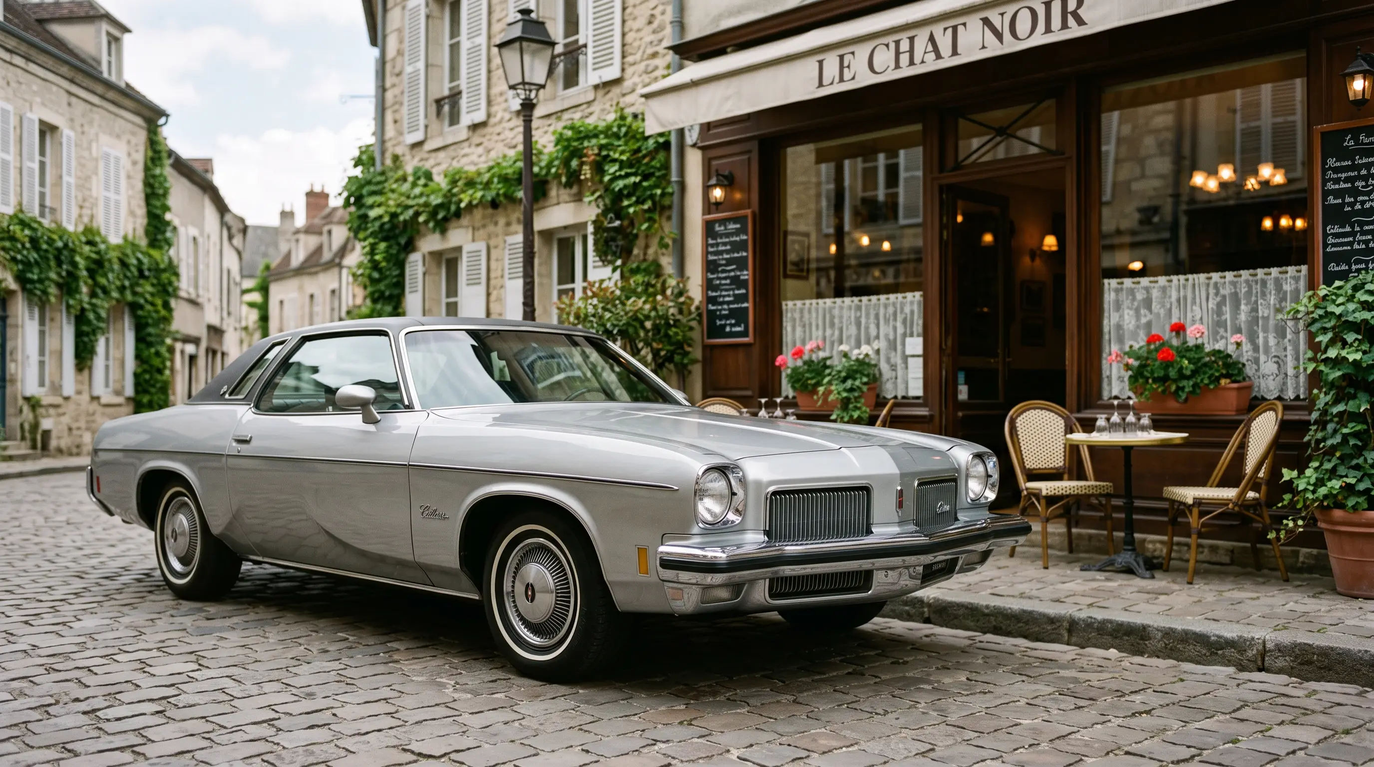 Silver 1973 Oldsmobile Cutlass Salon parked outside a European style street cafe