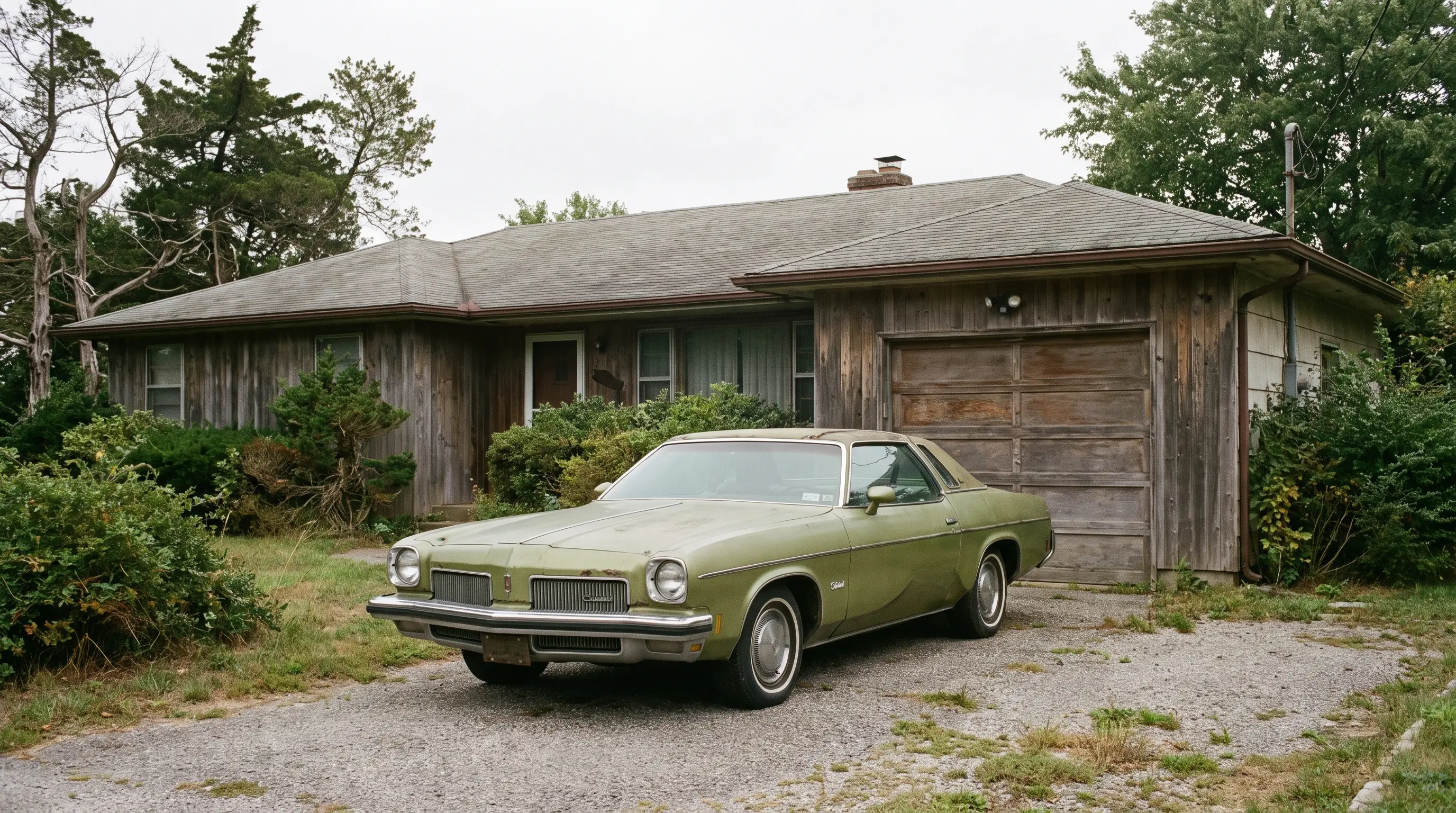 Faded avocado green 1973 Cutlass Supreme in the driveway of a modest ranch house