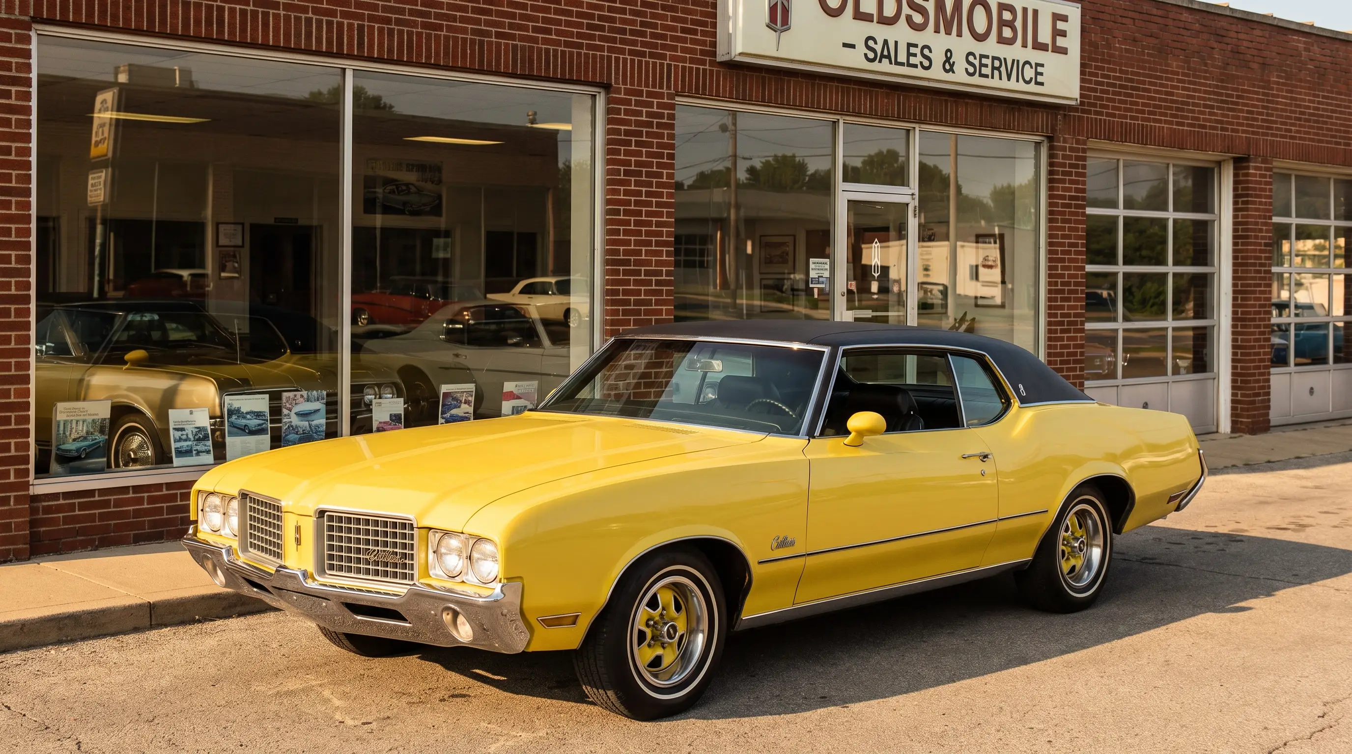 Yellow Cutlass Supreme with black vinyl top parked outside a dealership showroom