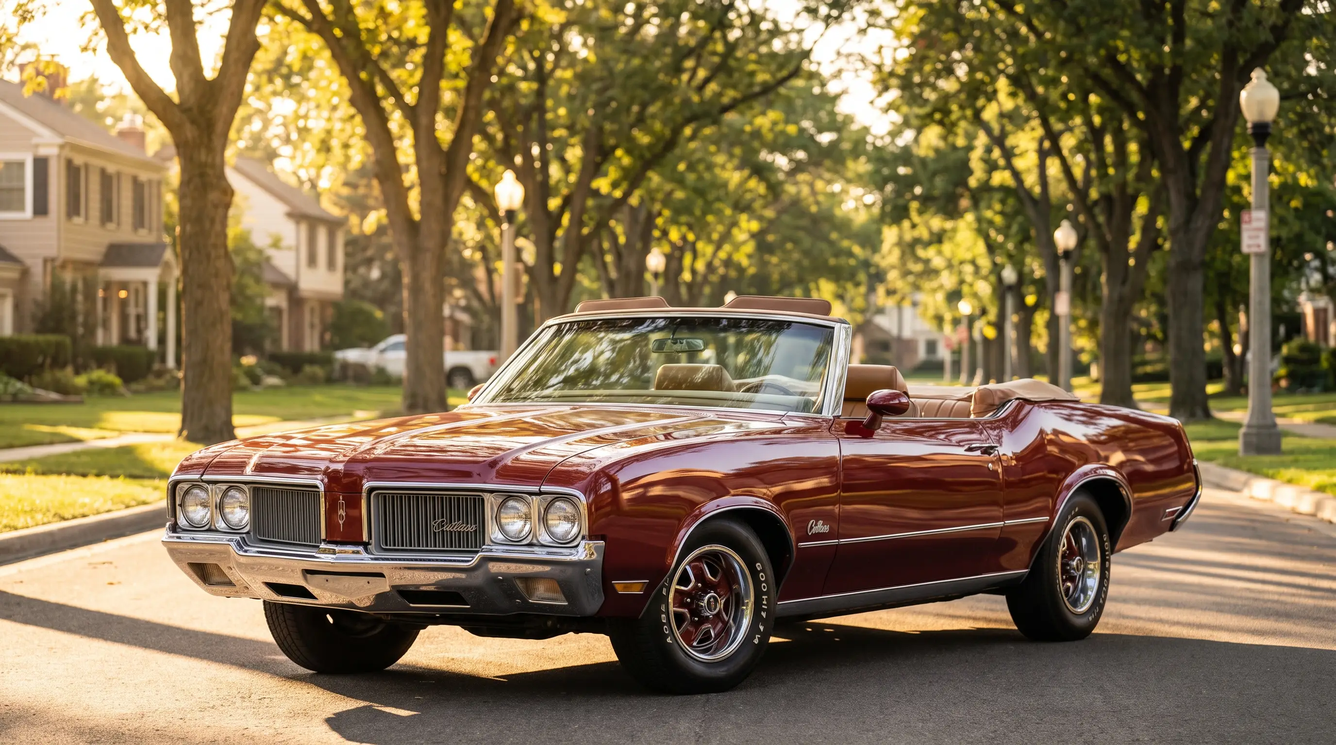 Burgundy Oldsmobile Cutlass Supreme convertible parked on a tree lined street at golden hour