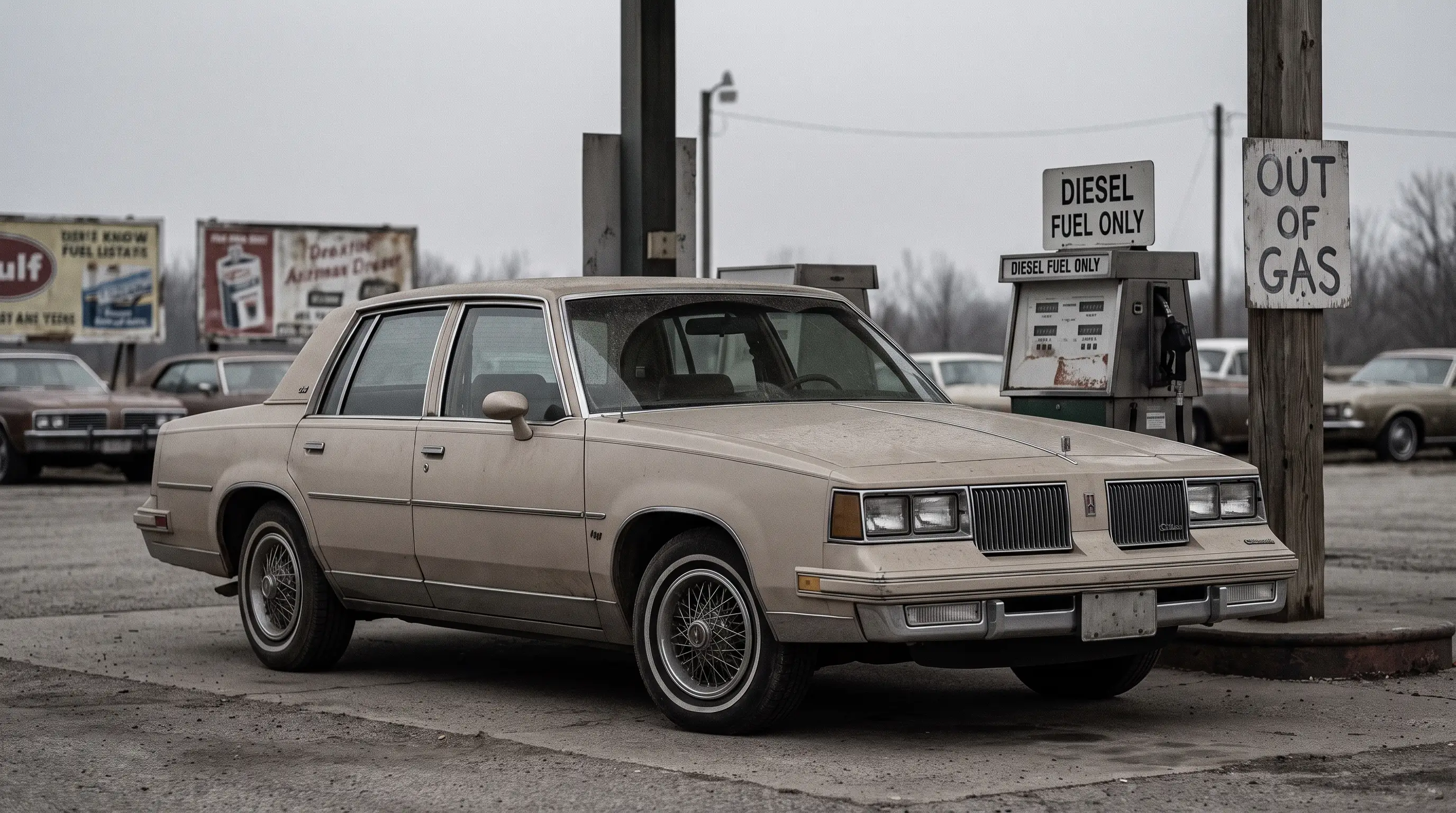 Beige 1980 Oldsmobile Cutlass Supreme diesel sedan near a period fuel pump