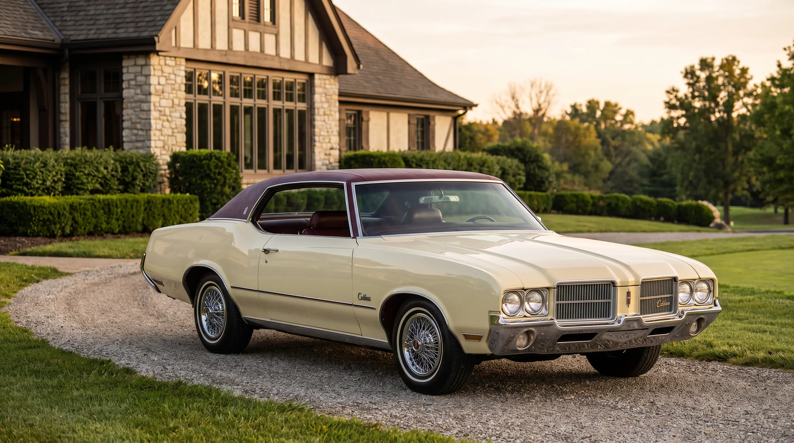 Cream 1972 Cutlass Supreme Brougham with burgundy vinyl top at a country club entrance