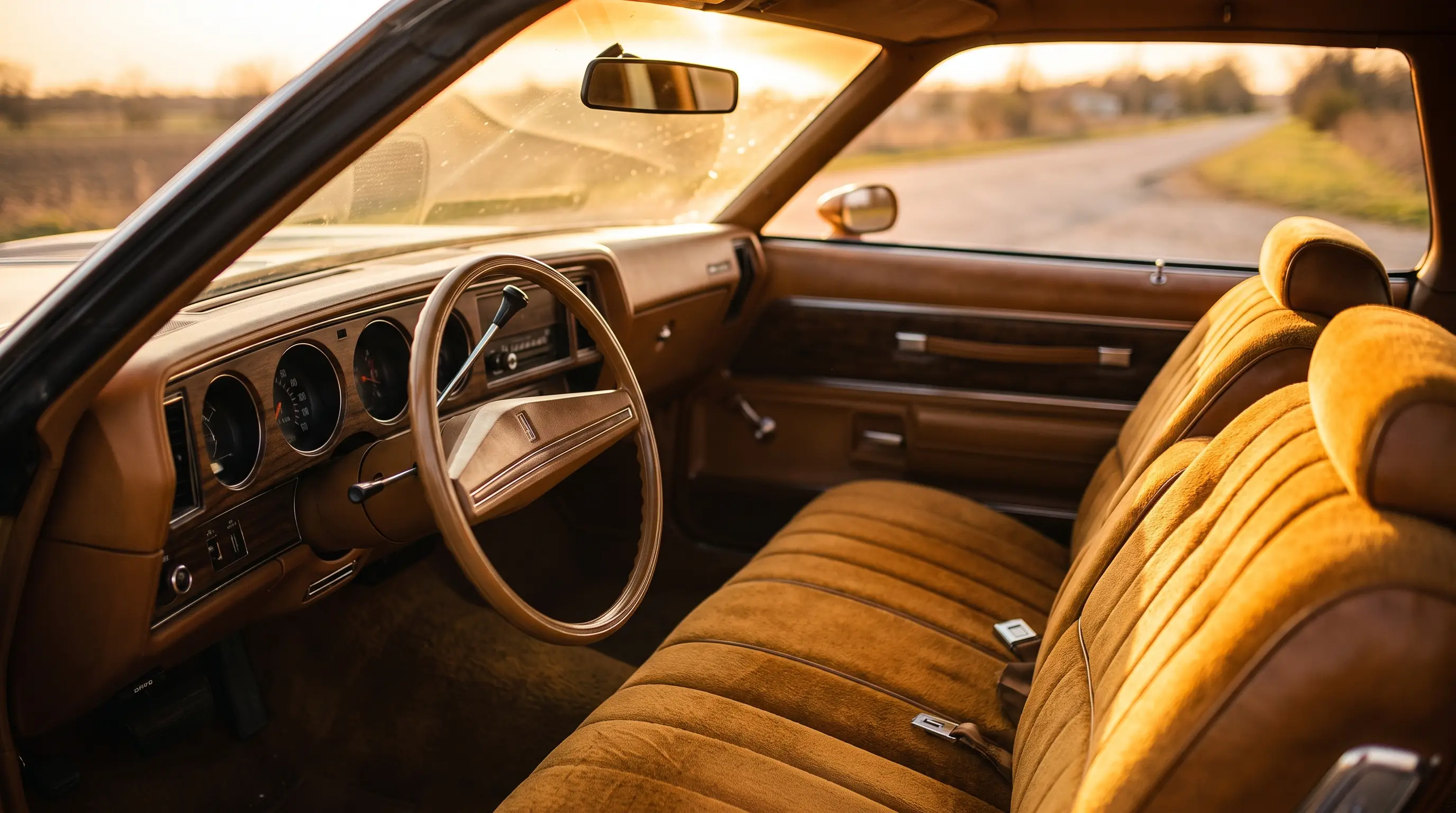 Velour bench seat and woodgrain dash of a 1970s Oldsmobile Cutlass Supreme