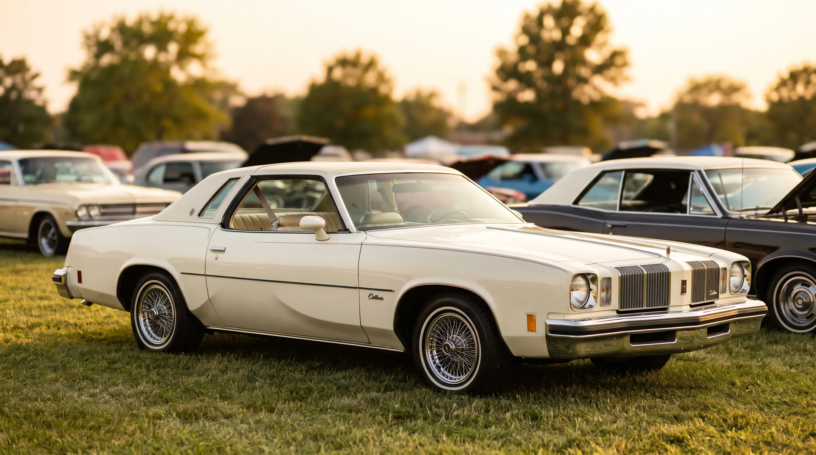 Cream white Cutlass Supreme with vinyl top and wire wheels at an outdoor car show