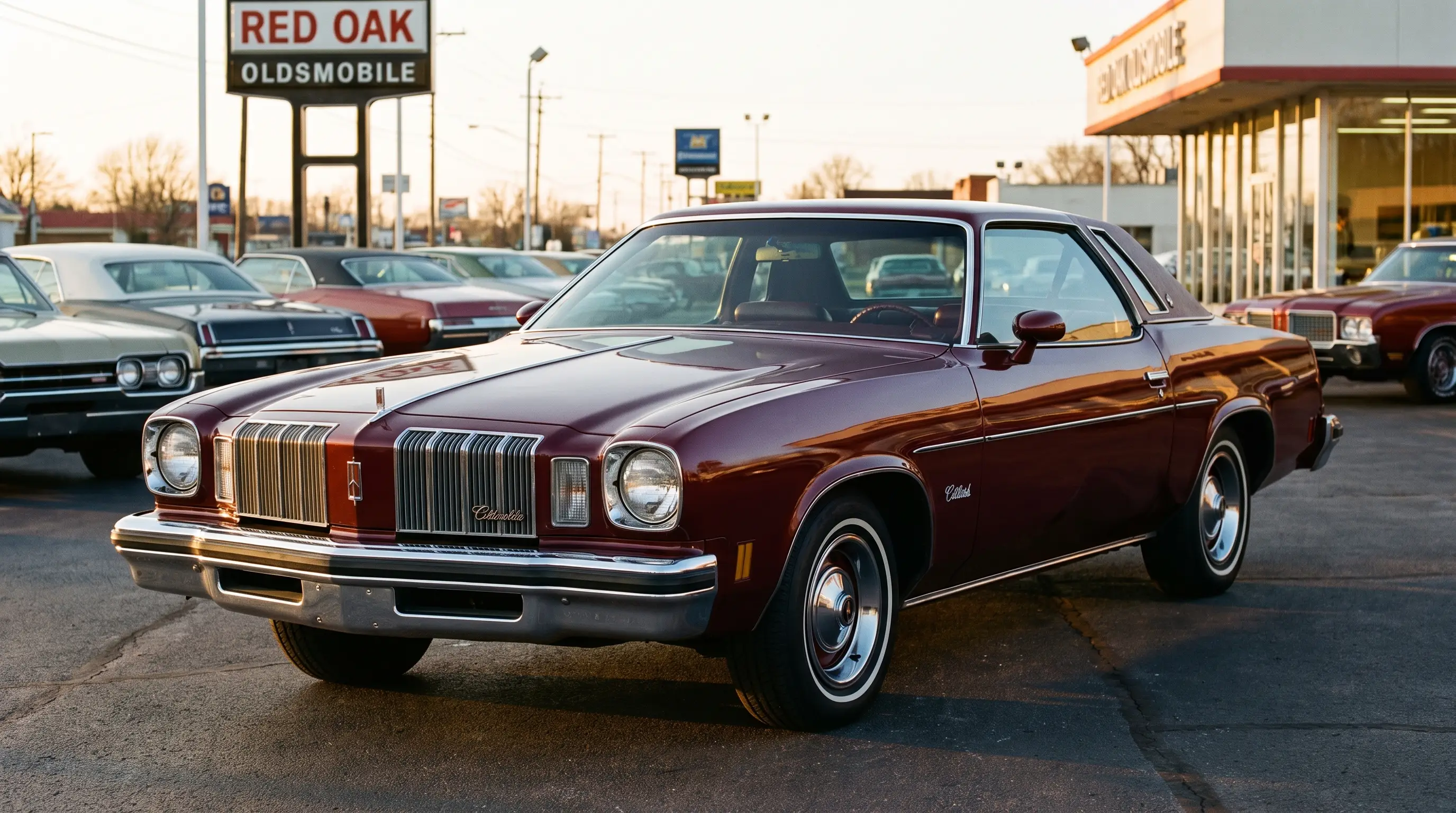Burgundy Oldsmobile Cutlass Supreme coupe parked at a dealership lot at golden hour