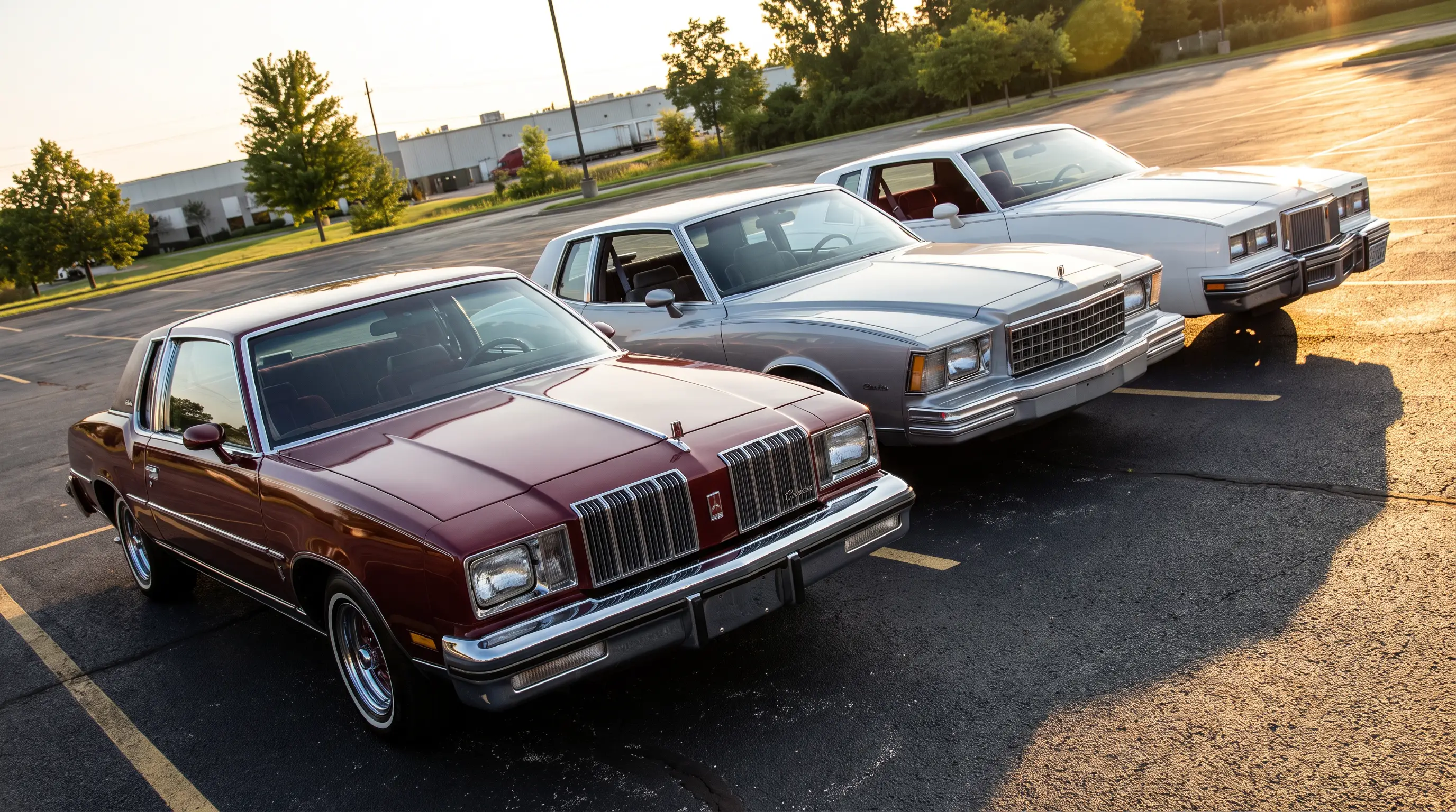 Cutlass Supreme, Monte Carlo, and Grand Prix G-body coupes lined up in a lot