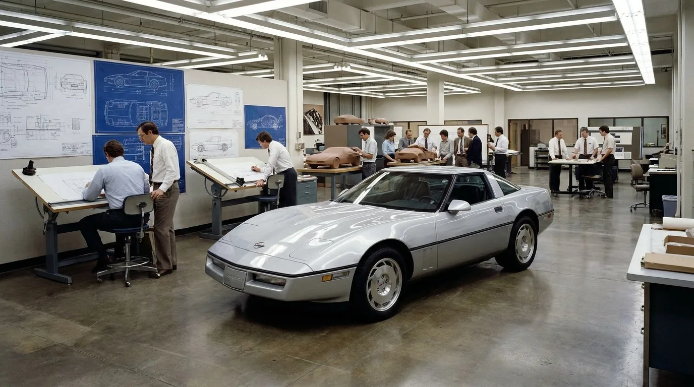 1984 Chevrolet Corvette C4 in GM design studio during the Dave McLellan chief engineer era, with engineering blueprints visible in background