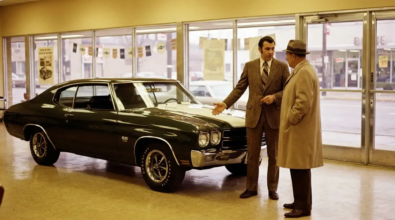 1970 Chevrolet showroom — salesman with LS6 Chevelle