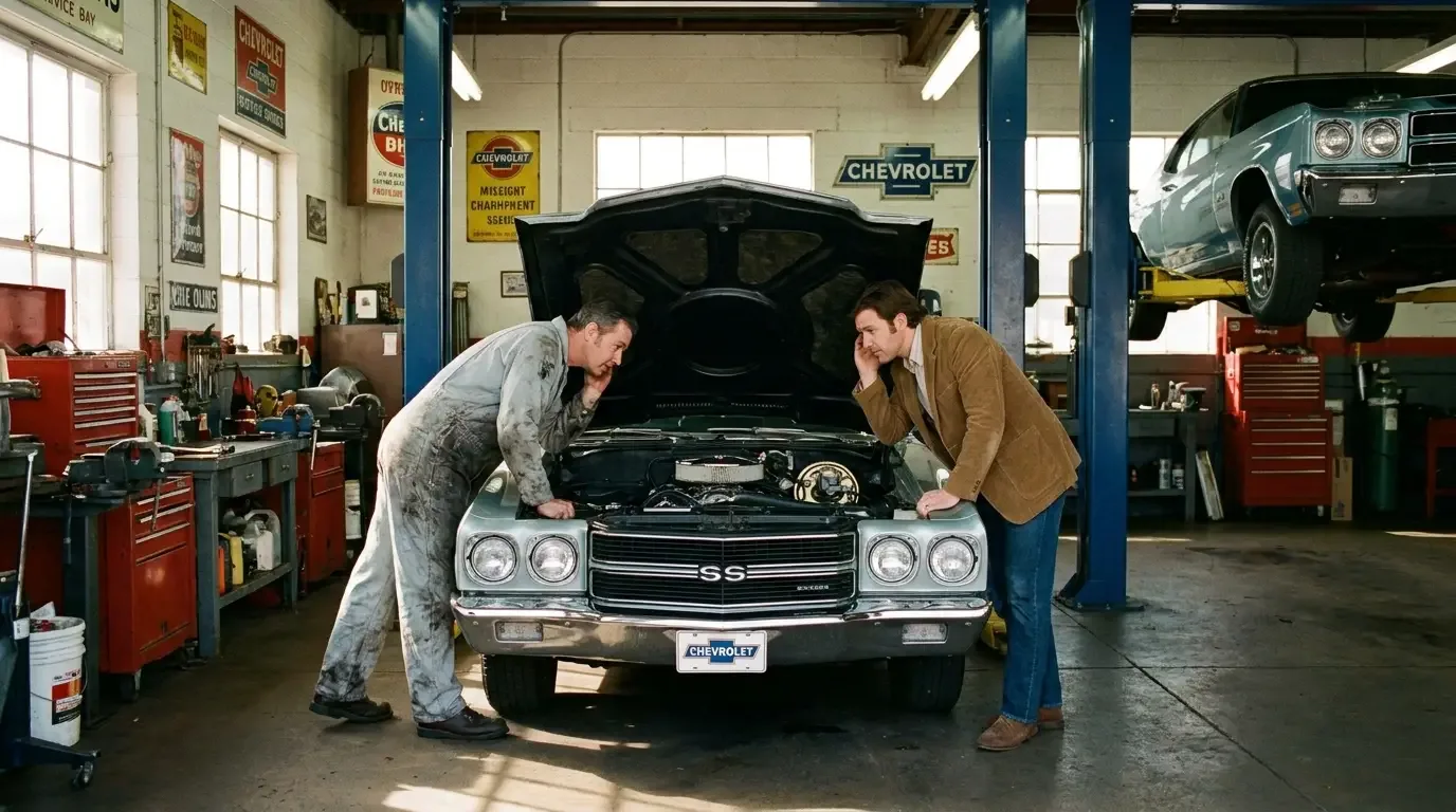 1970 Chevrolet Chevelle SS454 - dealership service bay scene