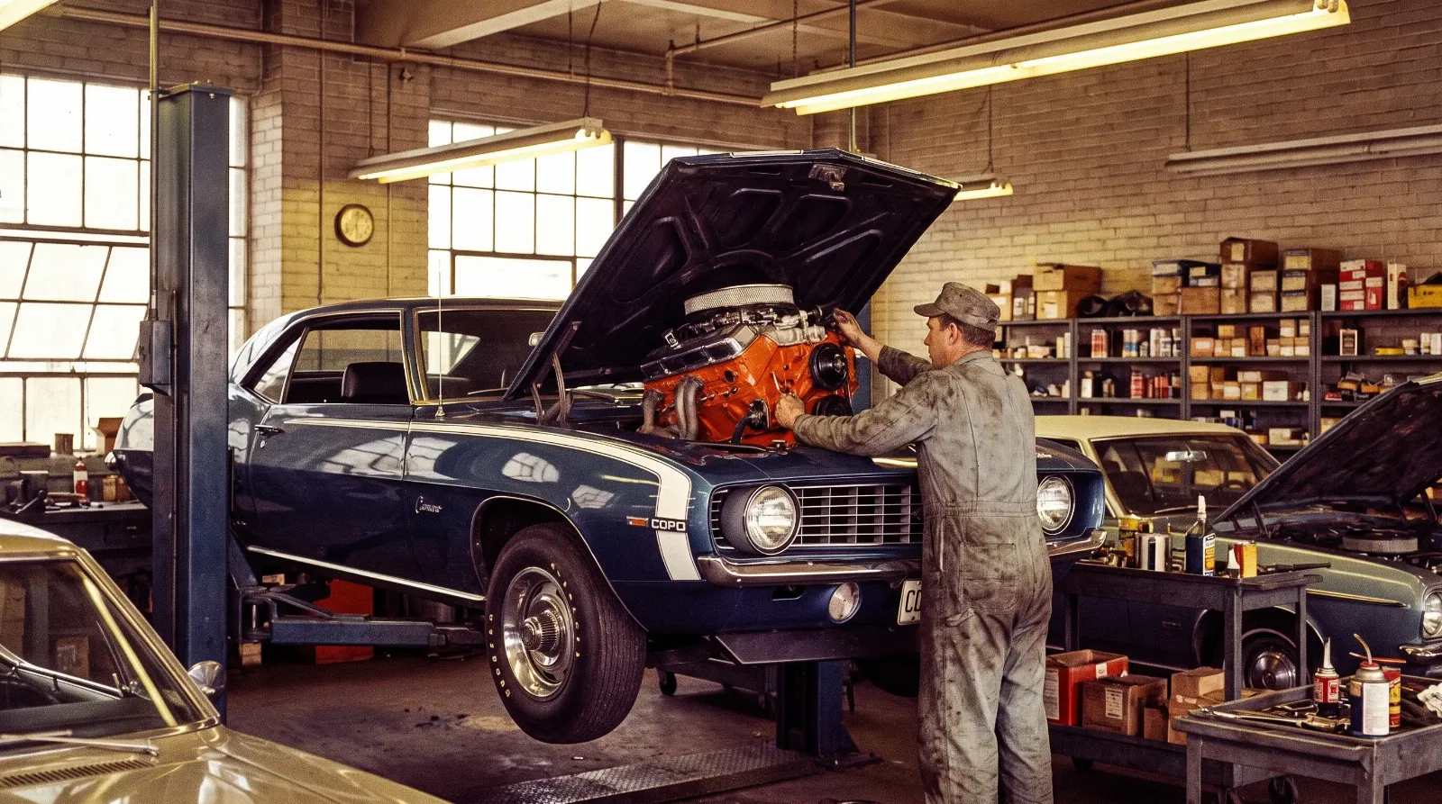 1969 COPO 427 Camaro with racing stripes on a lift in a period Chevrolet dealership service bay