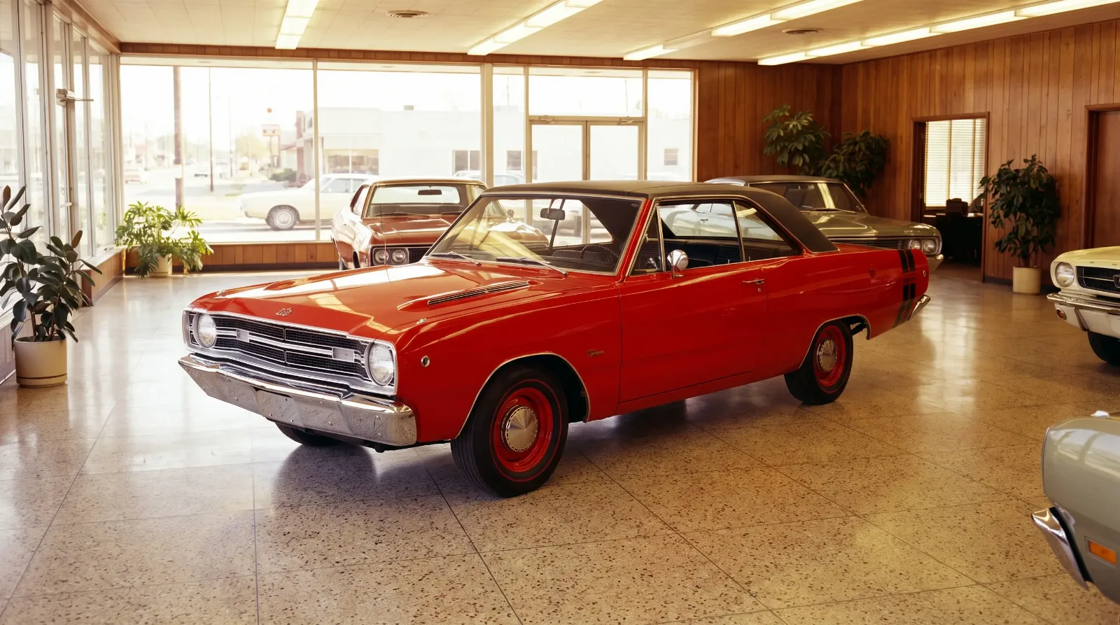 1968 Dodge Dart GTS 440 on a period dealership showroom floor