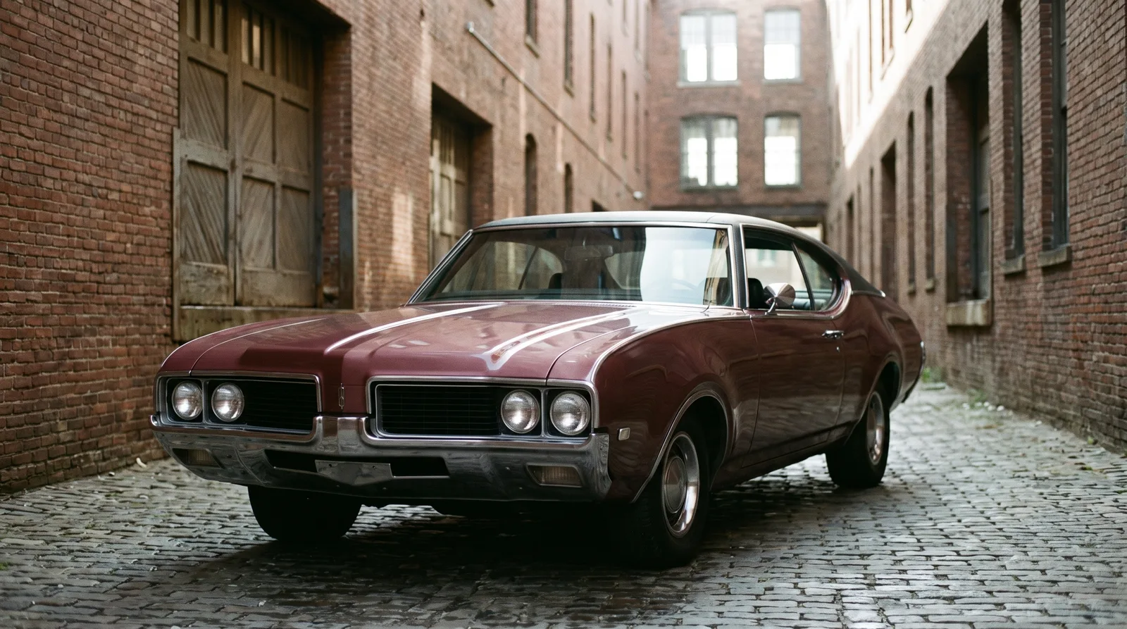 1969 Oldsmobile Cutlass, parked in a brick warehouse alley