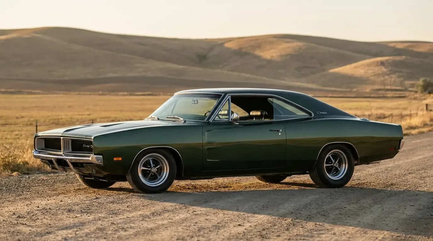 1969 Dodge Charger — coke-bottle body side profile at golden hour