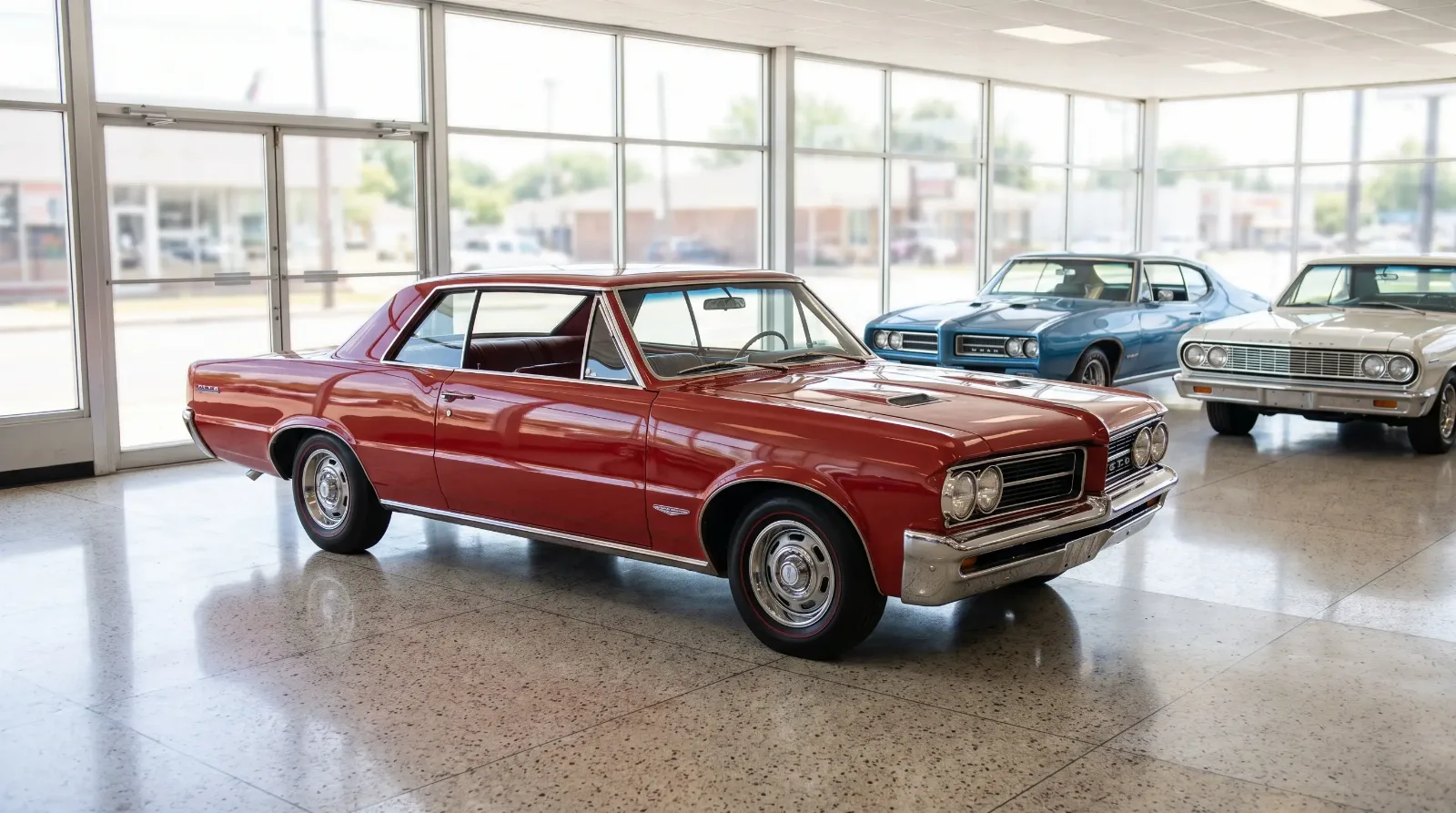 1964 Pontiac GTO on a dealership showroom floor