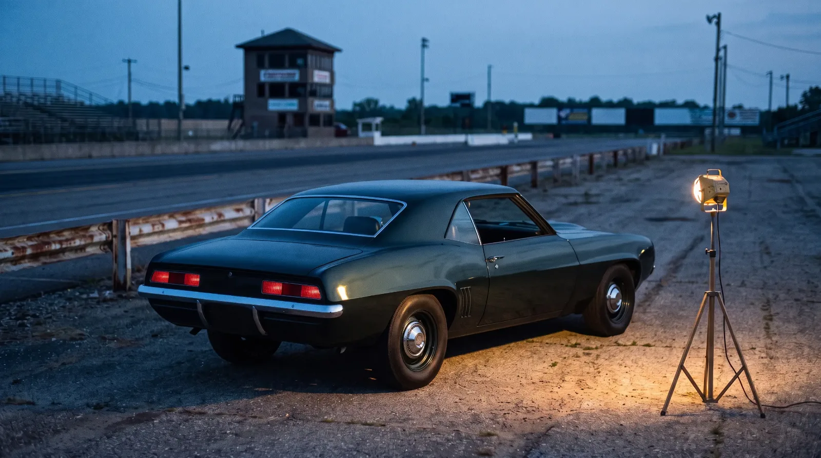 1969 Chevrolet Camaro SS 427, drag strip pits at dusk