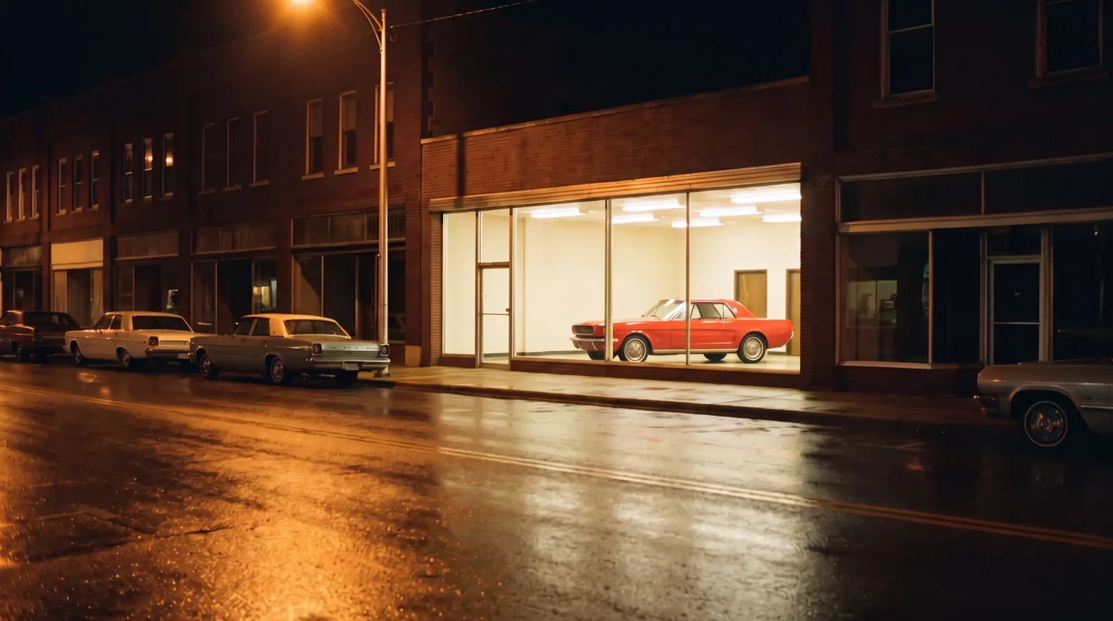 1964½ Ford Mustang, lit dealer showroom at night
