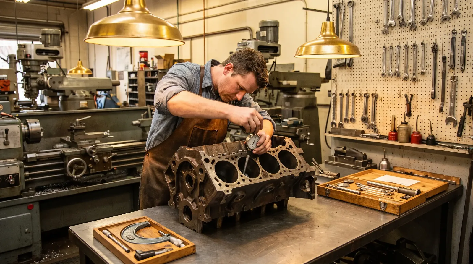 Machinist measuring a bored V8 engine block with a bore gauge in a machine shop
