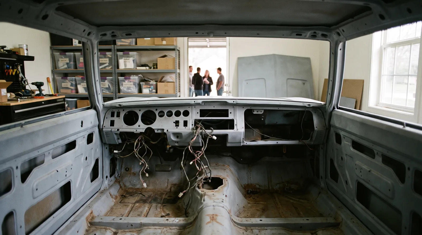 Stripped classic car shell, view through the windshield into a home garage
