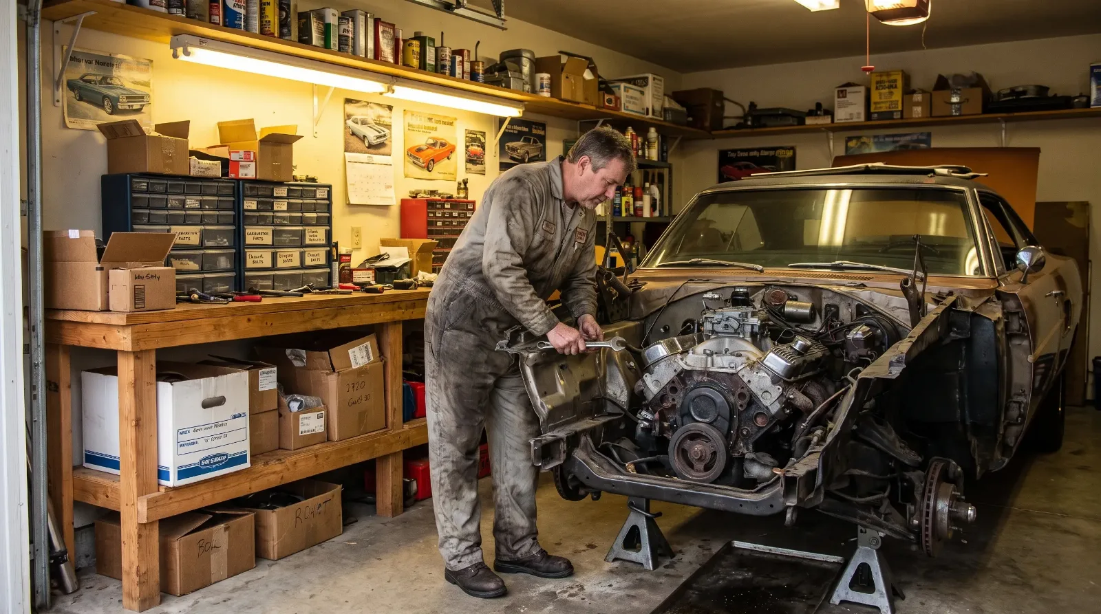 Hobbyist restoring a 1970 Plymouth Road Runner in a home garage with parts organized on a workbench