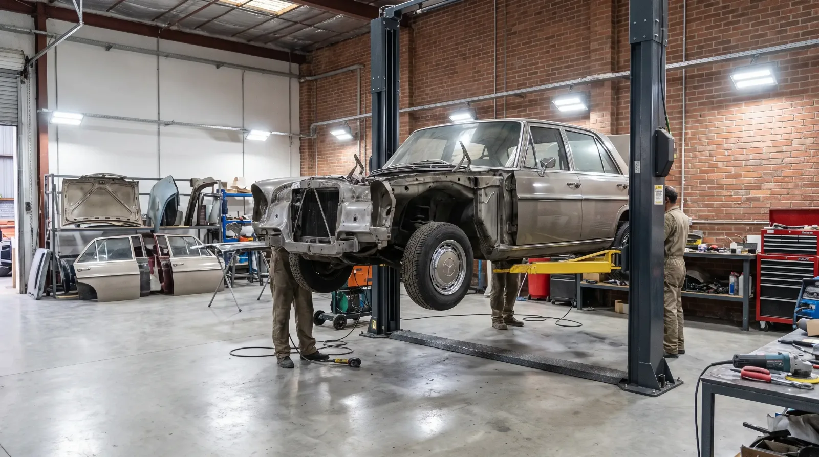 Luxury sedan on a lift in a professional restoration shop
