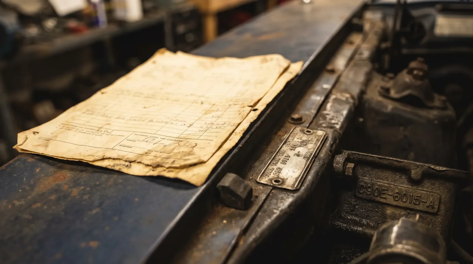 Original factory build sheet and dealer paperwork laid on the fender of a 1969 Ford Torino Cobra