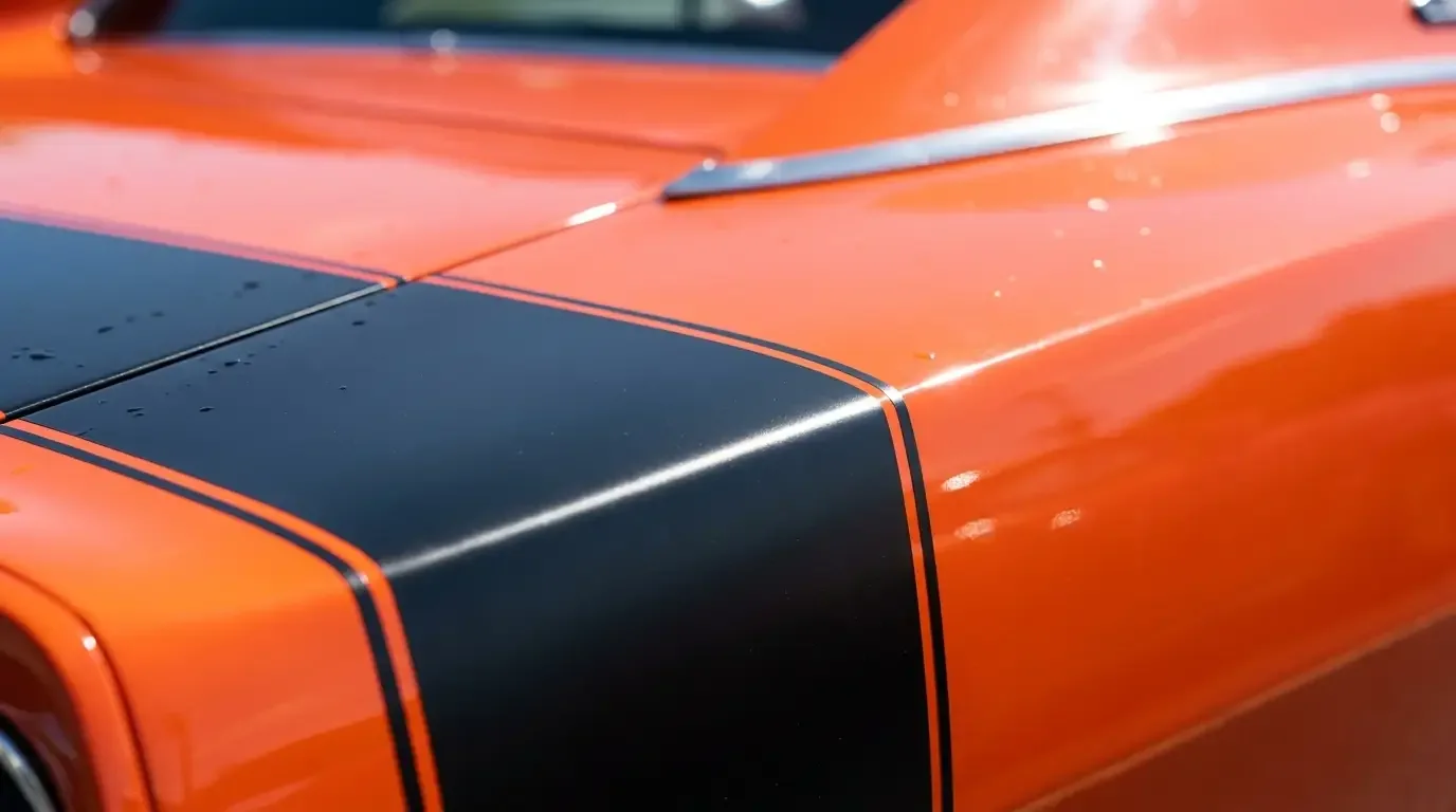 Close-up of a Dodge Charger bumblebee stripe termination on the quarter panel