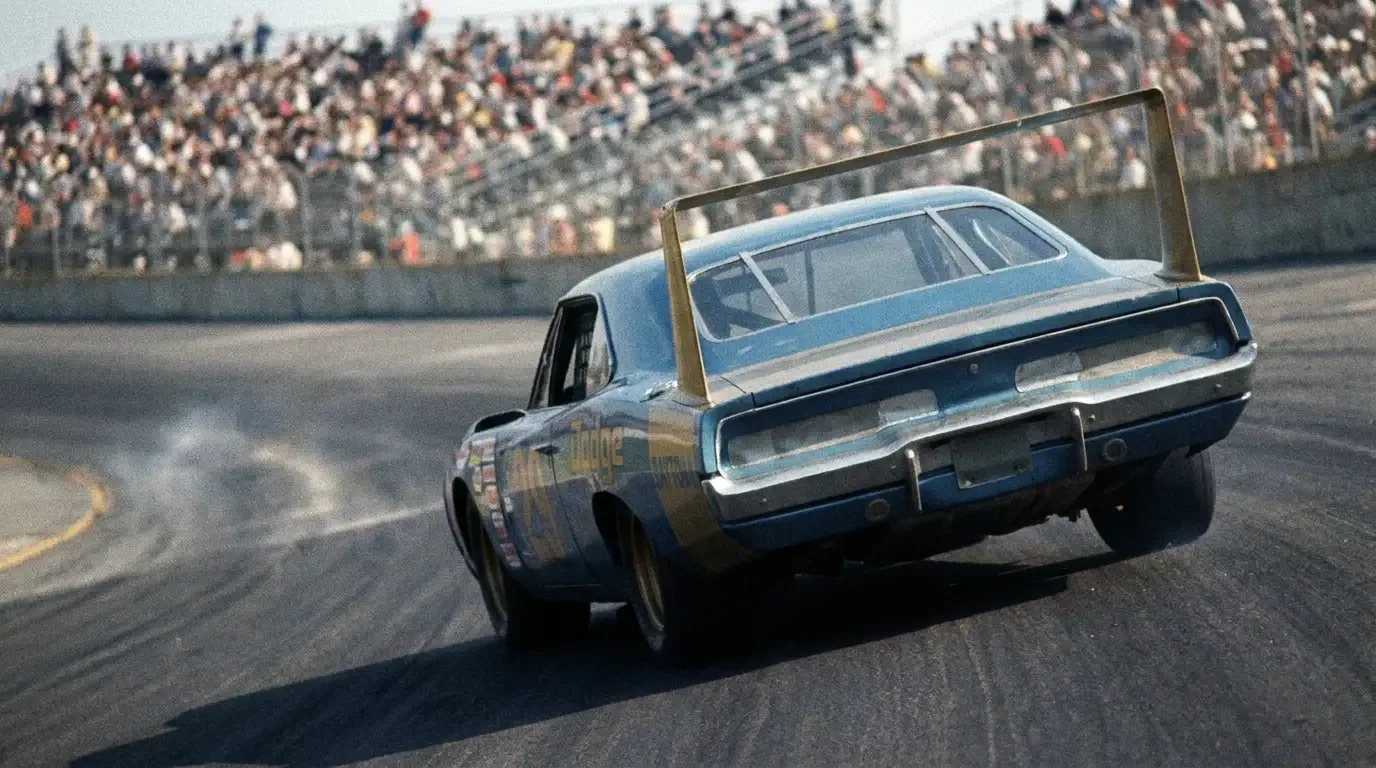 1969 Dodge Charger Daytona running the high banking at Talladega, rear wing prominent