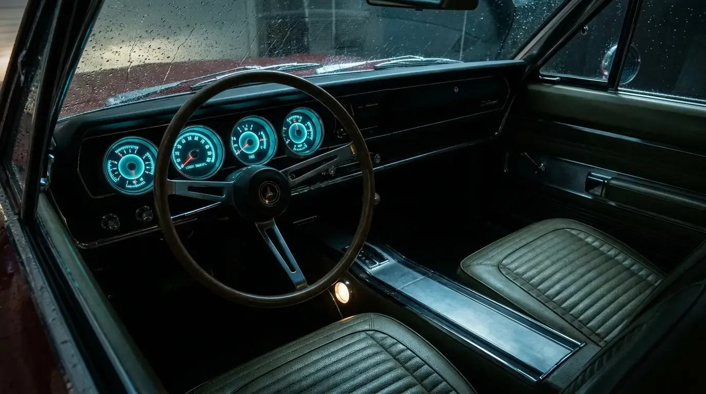 1966 Dodge Charger dash - electroluminescent gauges glowing at night