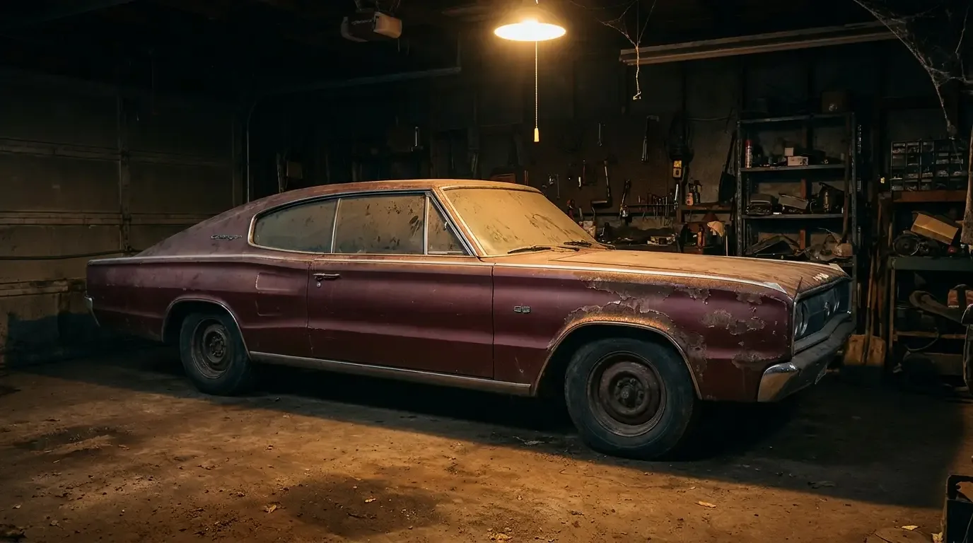 Surviving unrestored 1967 Dodge Charger fastback in a garage
