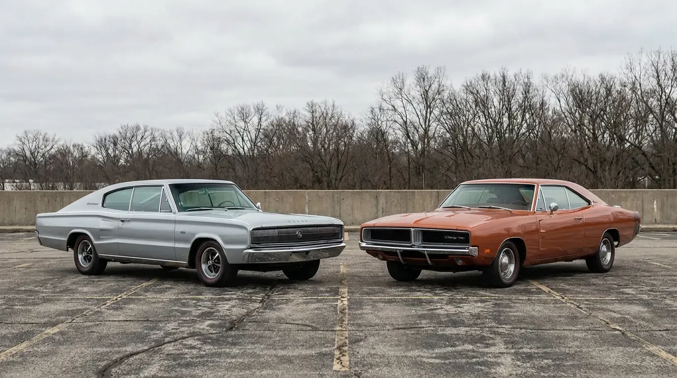 First-gen 1967 and second-gen 1969 Dodge Charger side by side