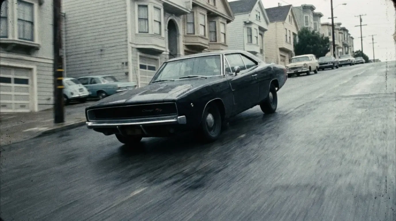Black 1968 Dodge Charger R/T charging through the hills of San Francisco