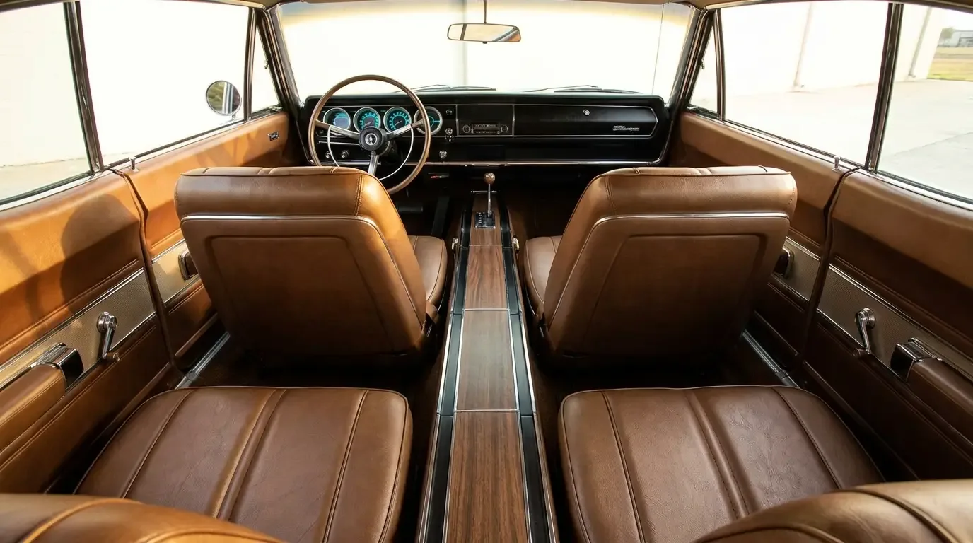 1966 Dodge Charger interior — four bucket seats and full-length console