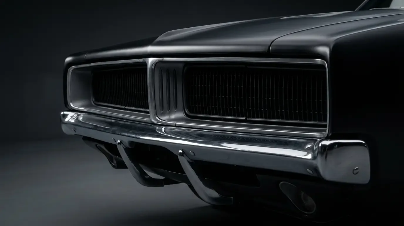 1970 Dodge Charger split grille and loop bumper front-end detail in matte black