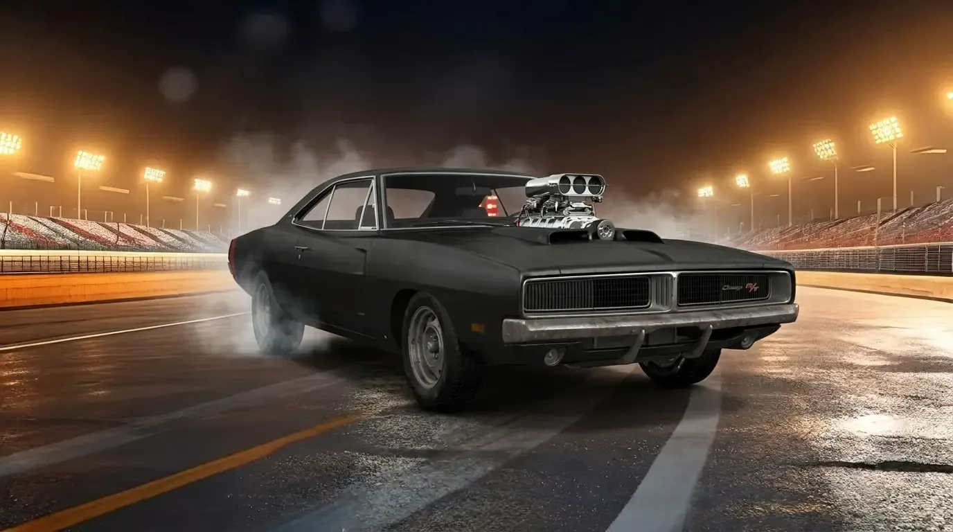 1970 Dodge Charger R/T in matte black with a blower - drag strip at night