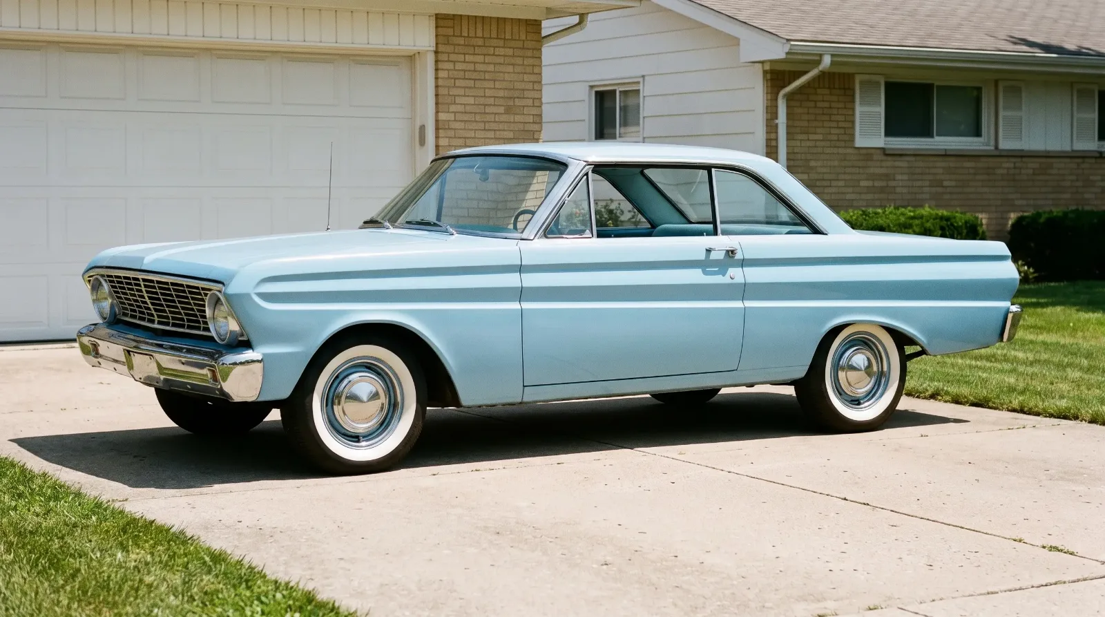 1964 Ford Falcon Futura hardtop on a suburban driveway, the compact the first Mustang was built on