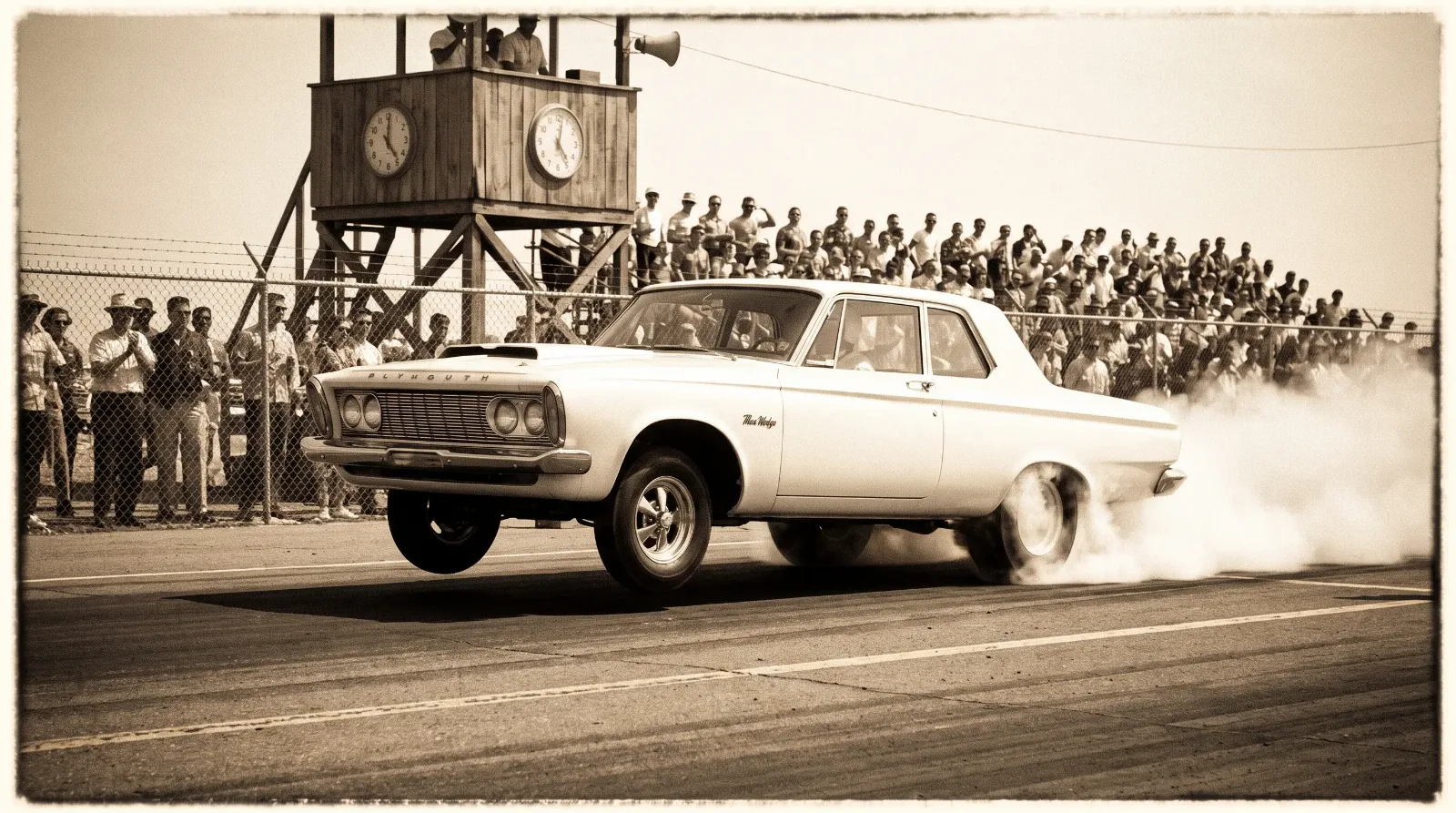 Plymouth Belvedere Max Wedge launching off the line at an early 1960s Super Stock drag race