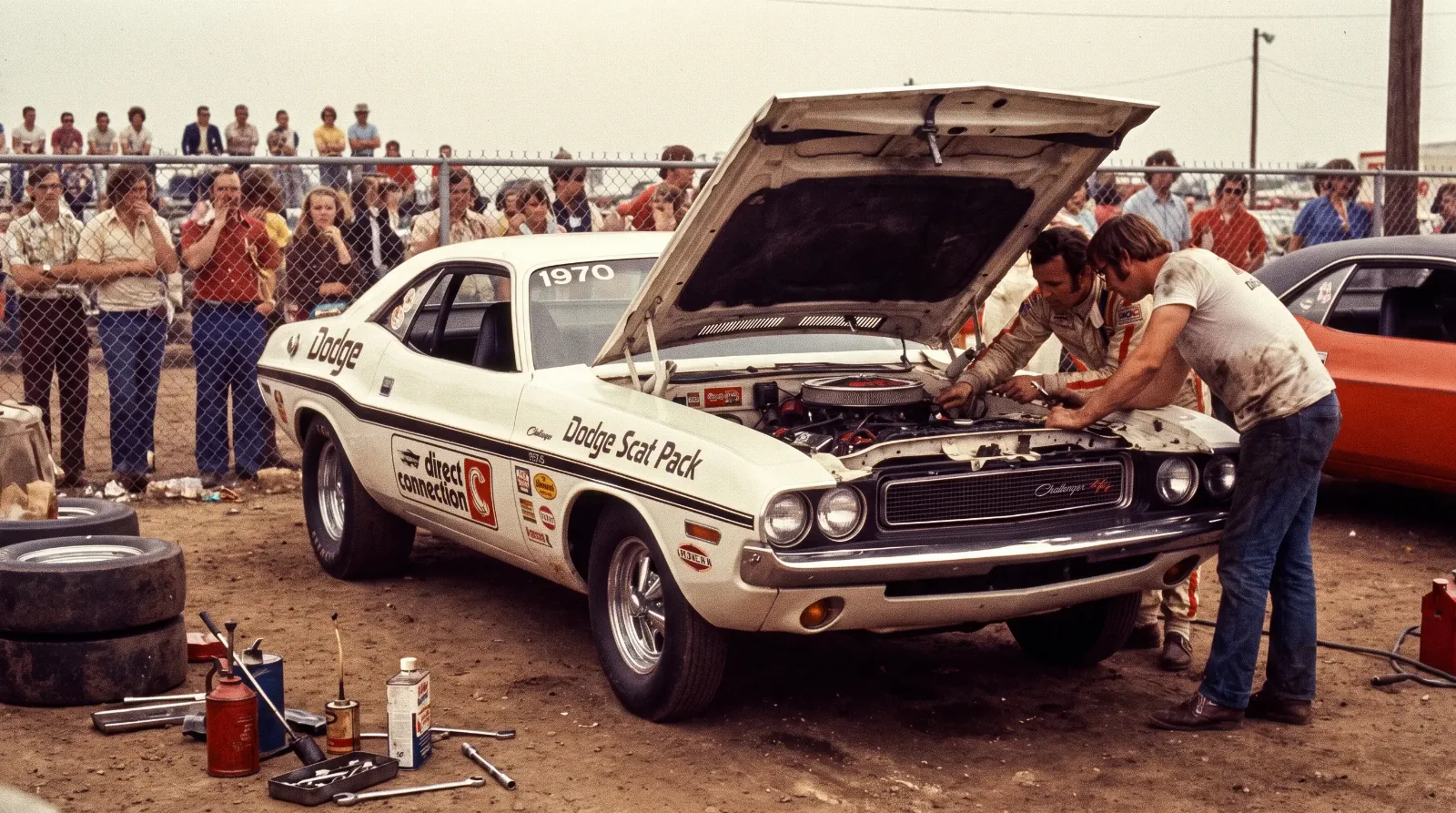 Driver and crew tuning a factory-backed Dodge Super Stock car in a 1970 drag racing pit paddock
