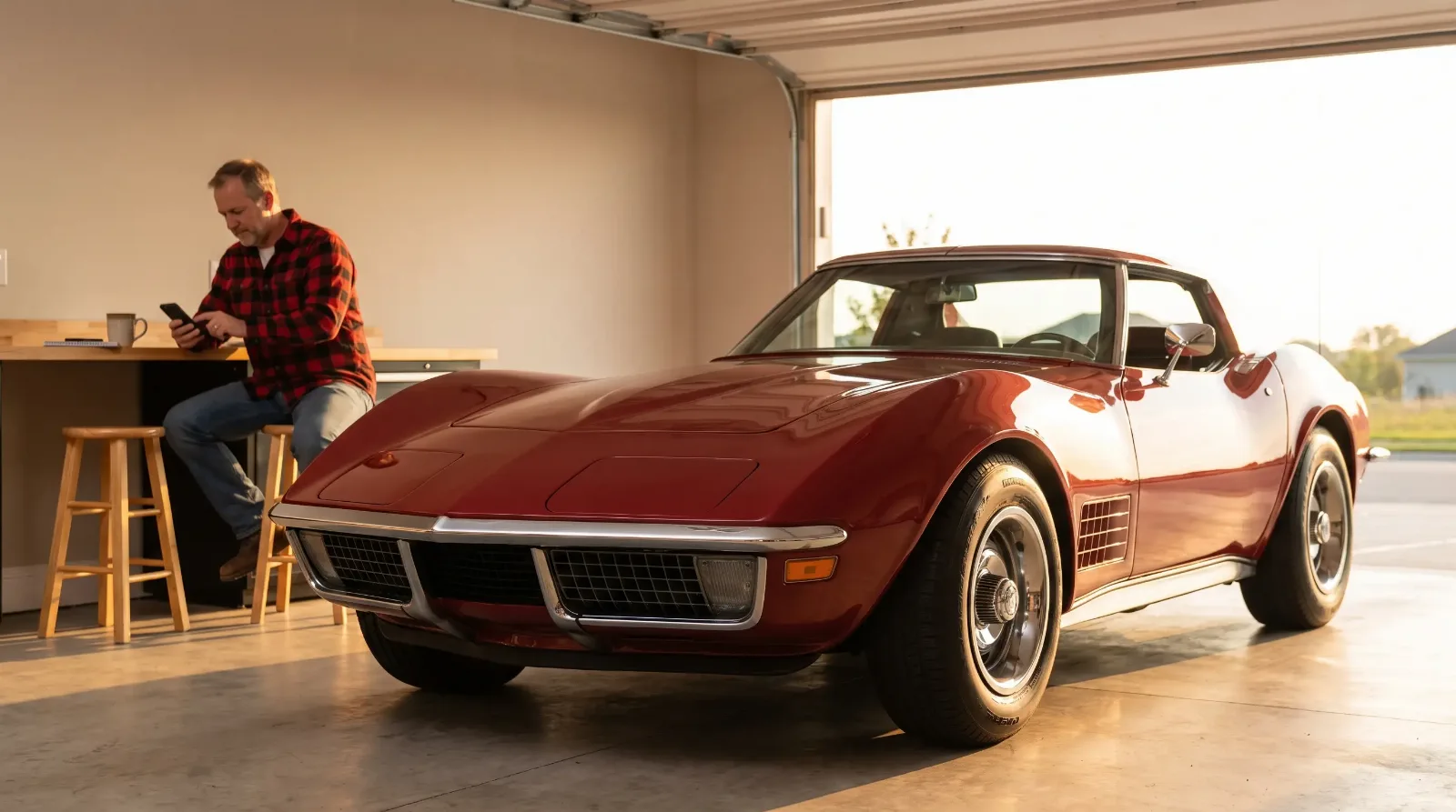 Owner checks his phone in a home garage beside a red 1971 Corvette Stingray coupe