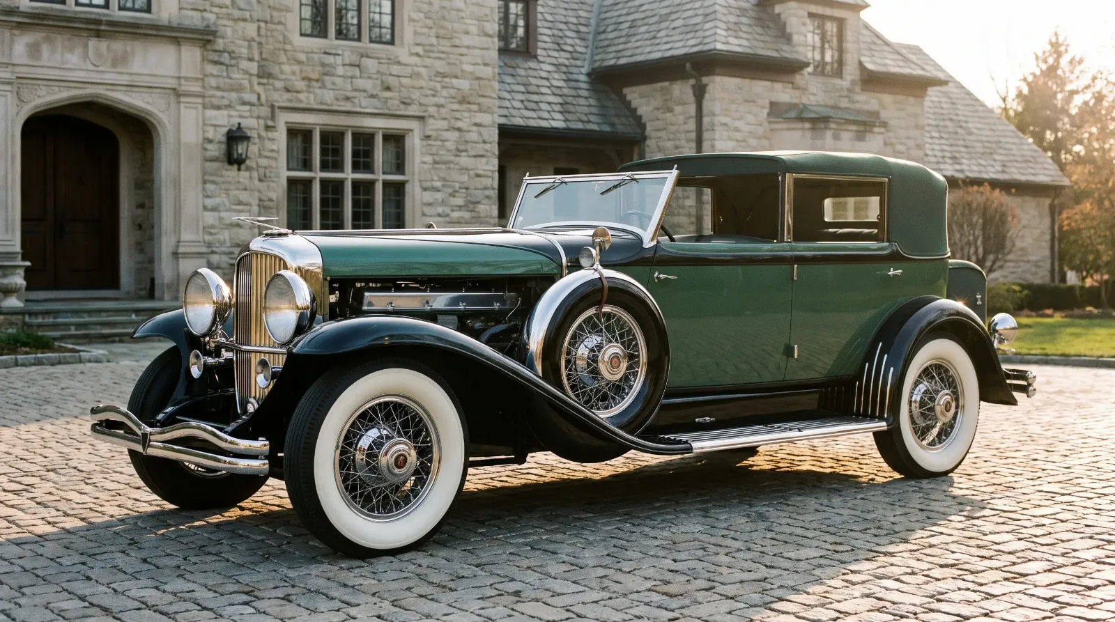 1932 Duesenberg Model J coachbuilt convertible with long hood and sweeping fenders on a grand estate driveway