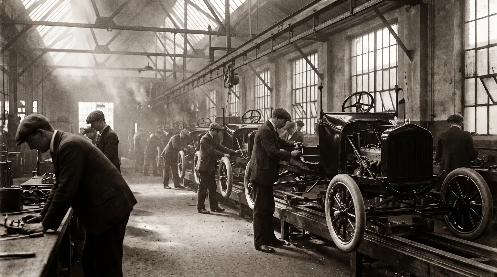 Workers on Ford Highland Park moving chassis assembly line