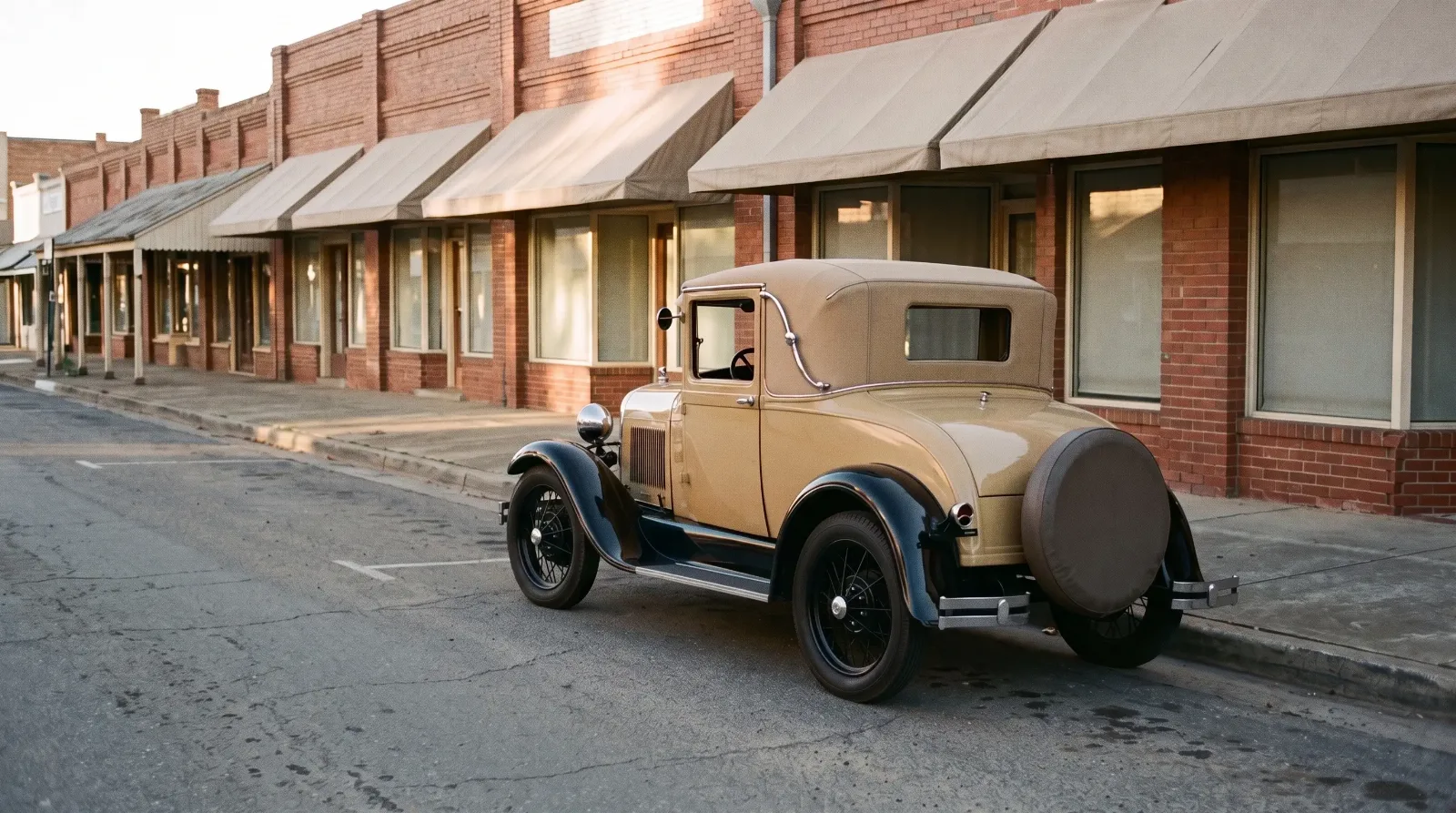 1928 Ford Model A Sport Coupe in Arabian Sand on a small-town street
