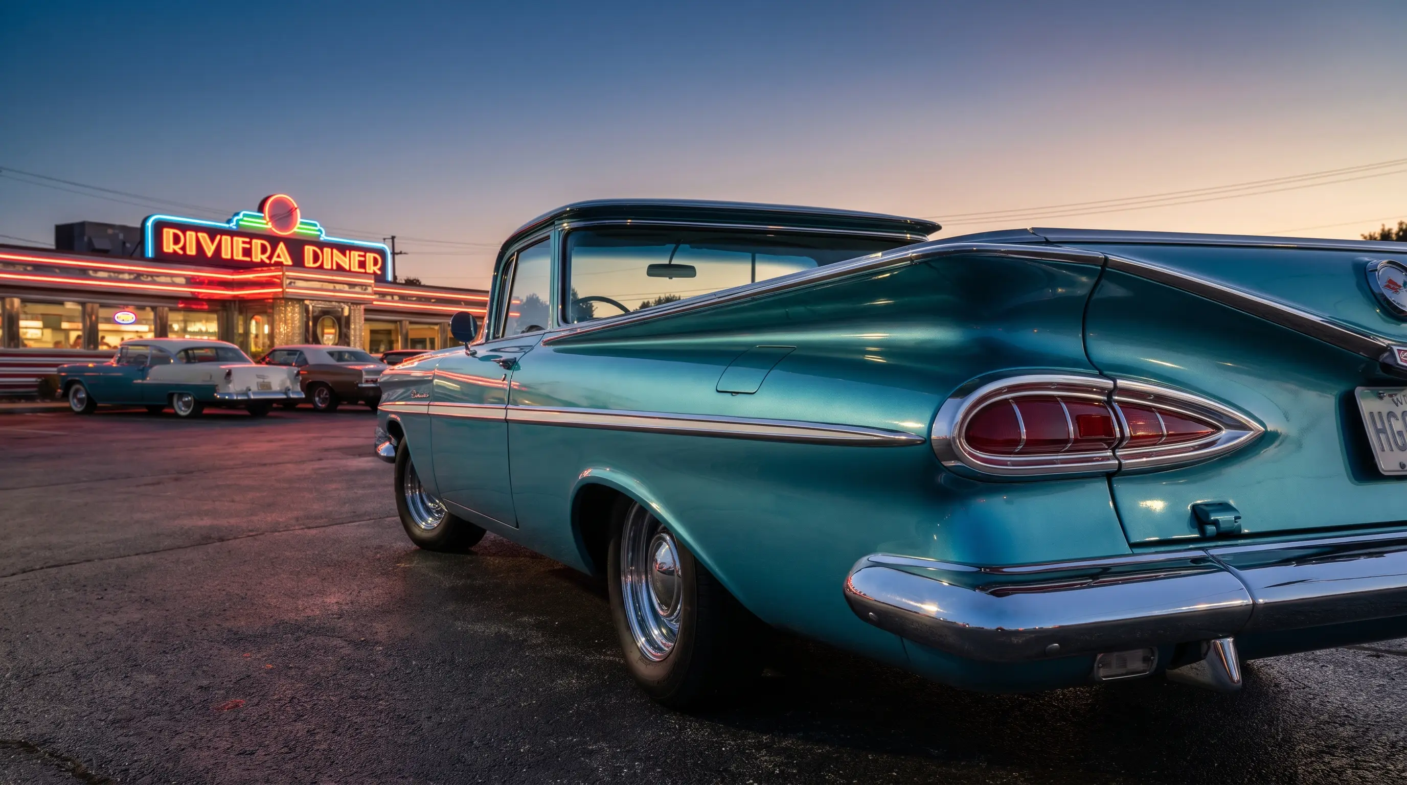 1959 Chevy El Camino batwing tailfins glowing at dusk near a period diner