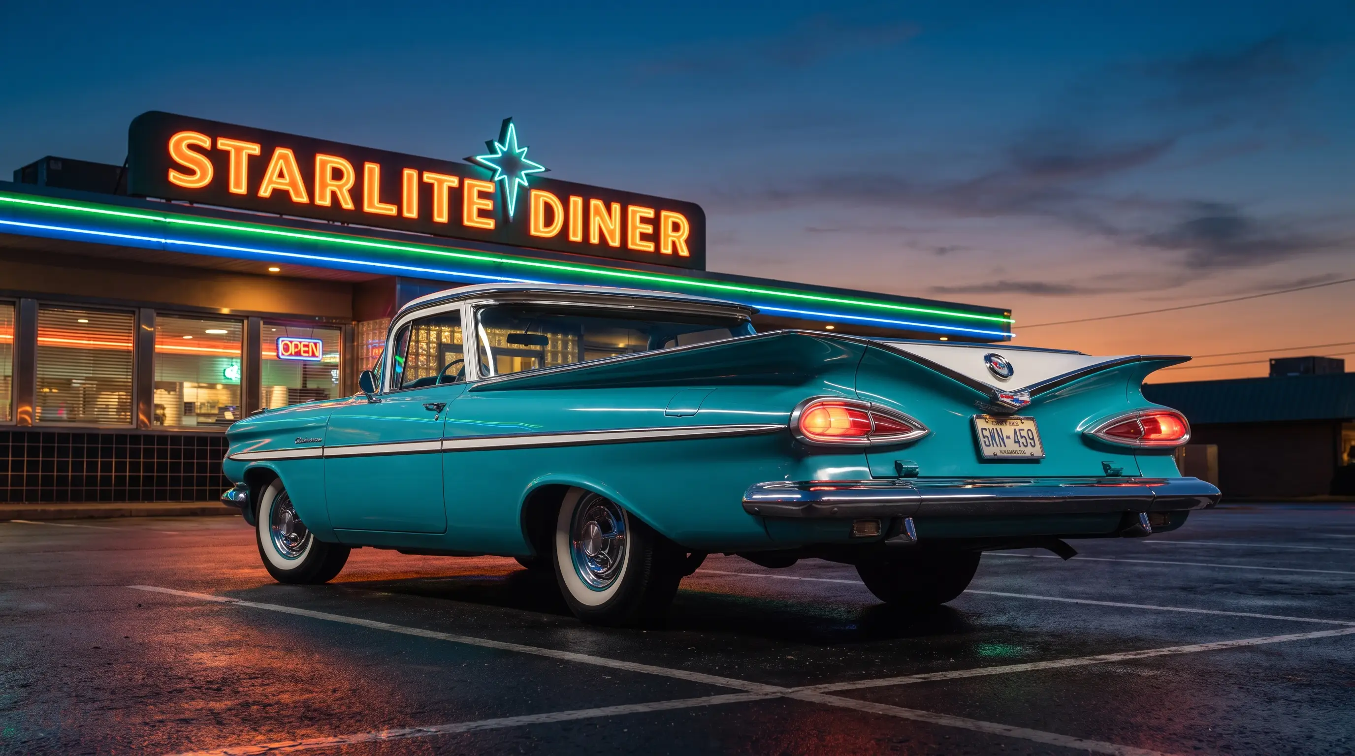 Turquoise and white 1959 Chevrolet El Camino with batwing tailfins at a neon lit drive in diner