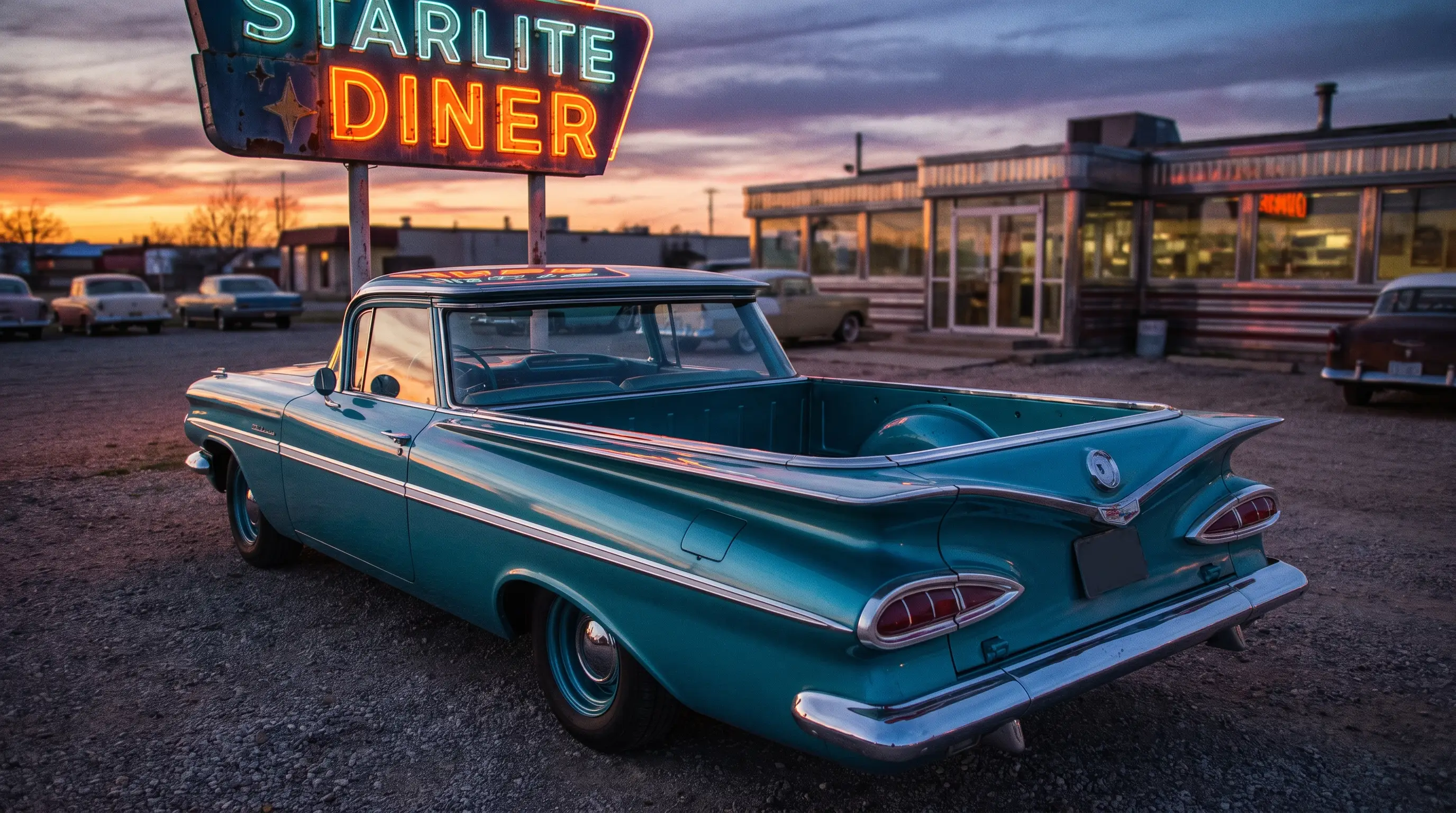 Turquoise 1959 El Camino with batwing fins parked at a neon drive in diner at dusk