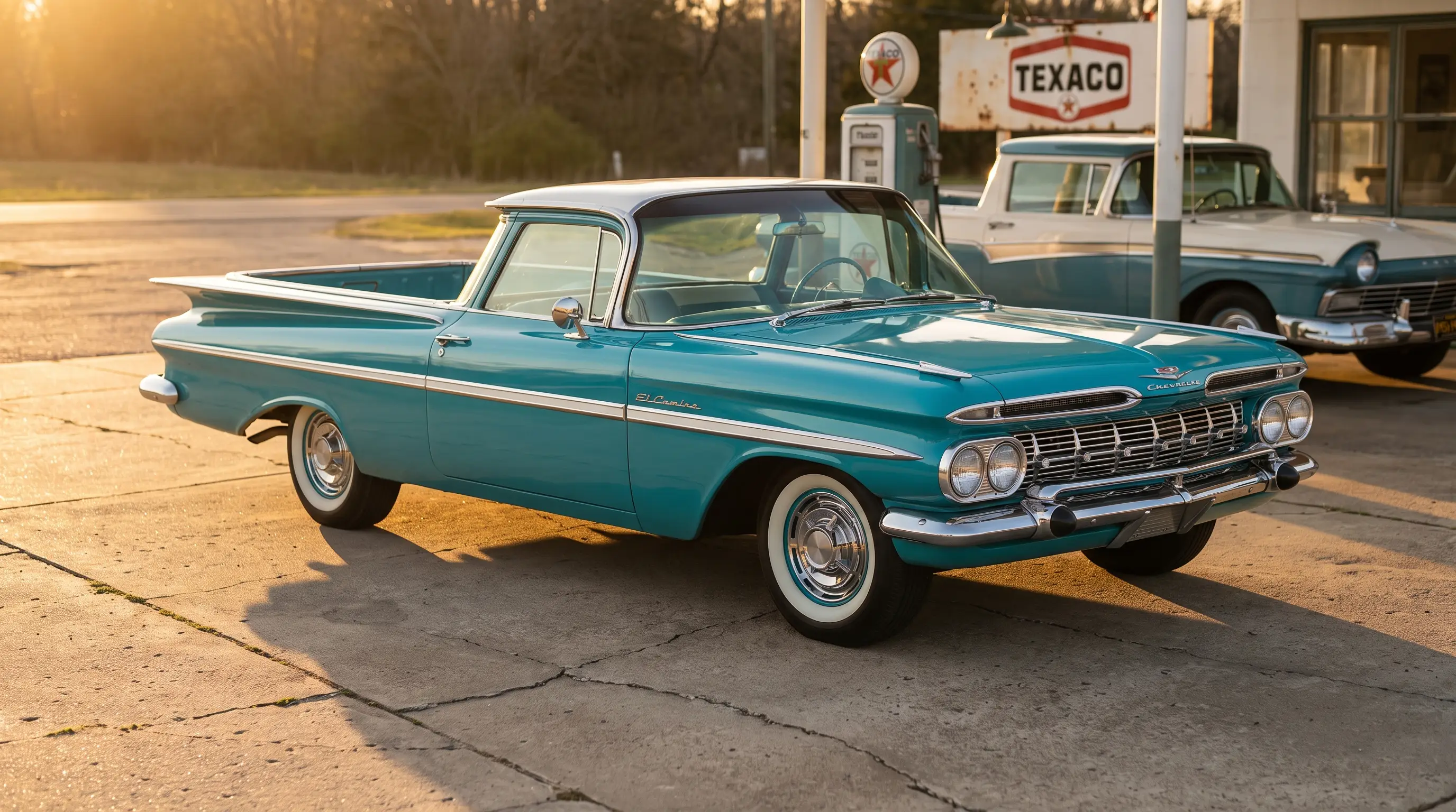 1959 Chevrolet El Camino in turquoise and white at a period gas station