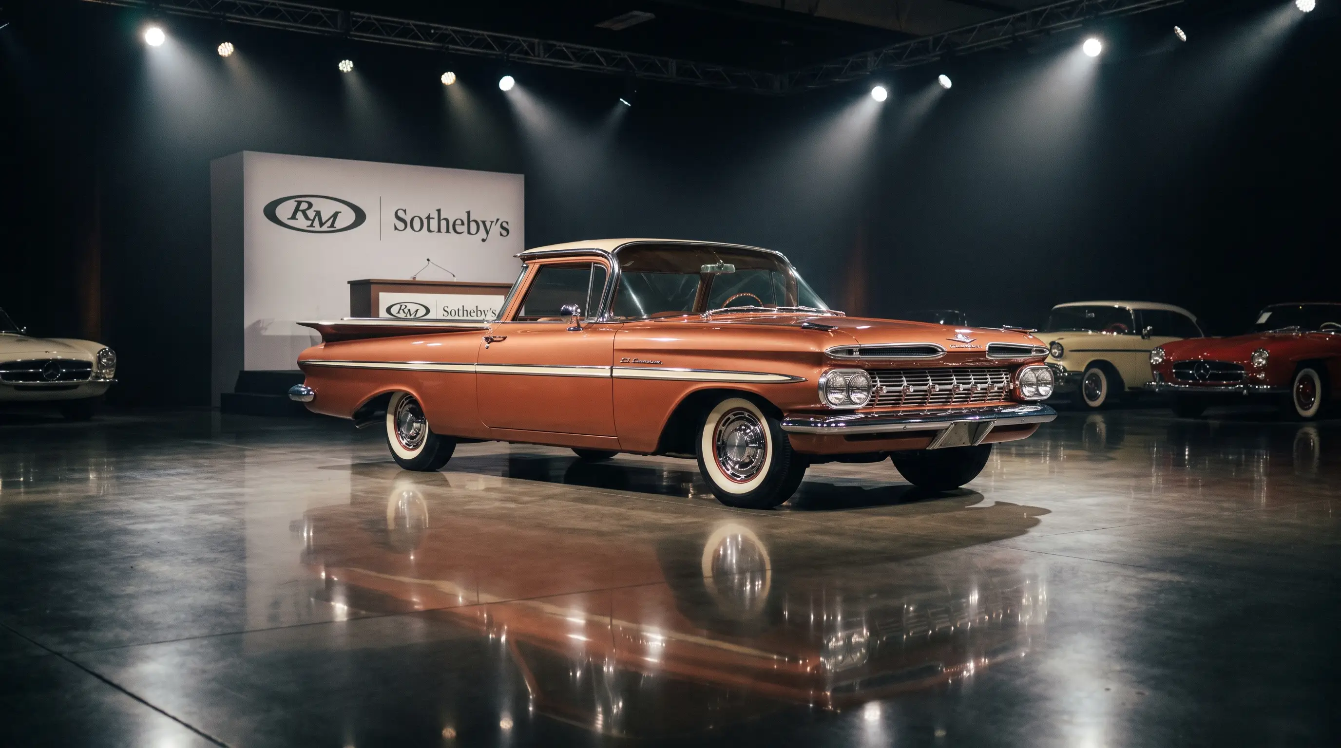 Pristine 1959 Chevrolet El Camino spotlighted in a high end auction showroom