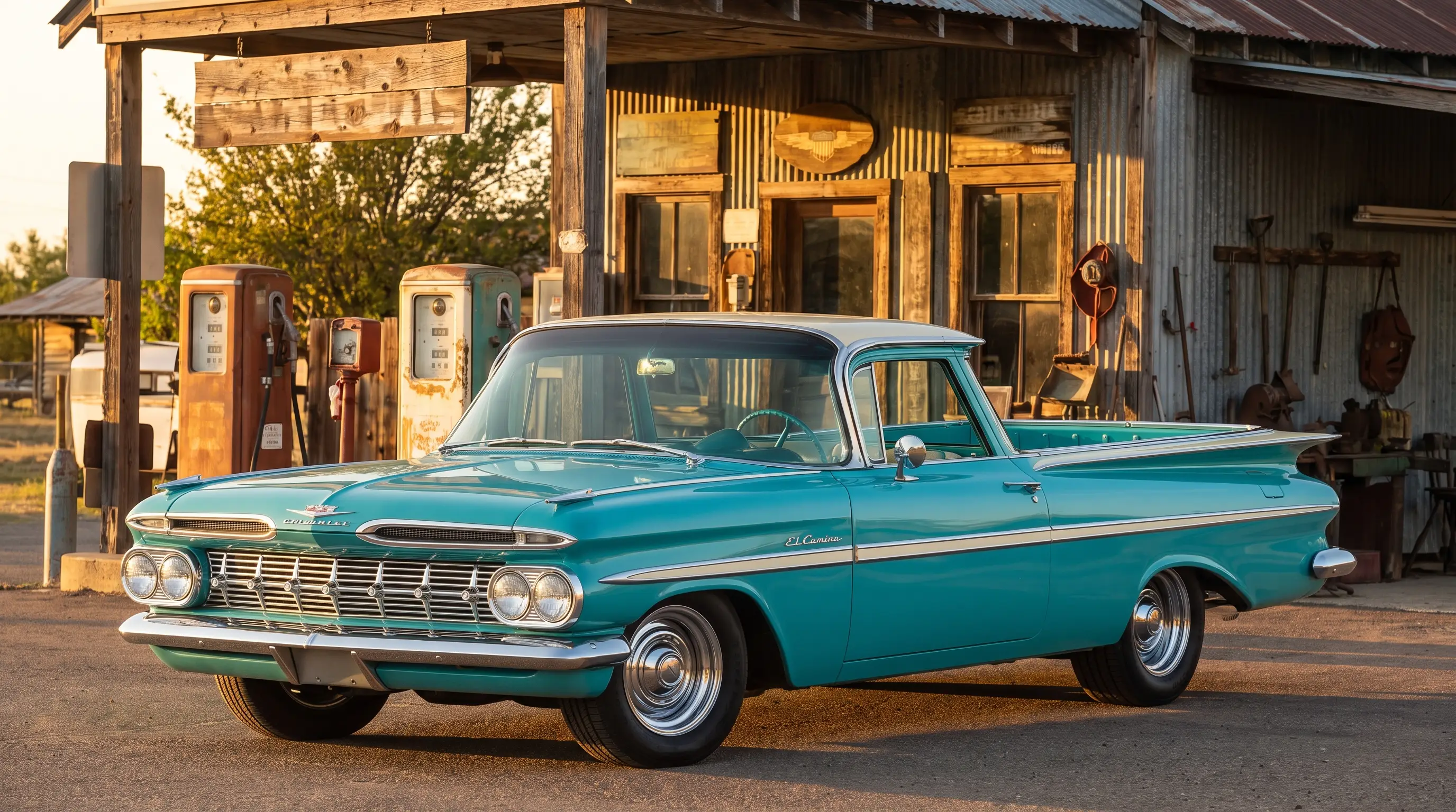 Full size 1959 Chevy El Camino parked at a vintage gas station in late light