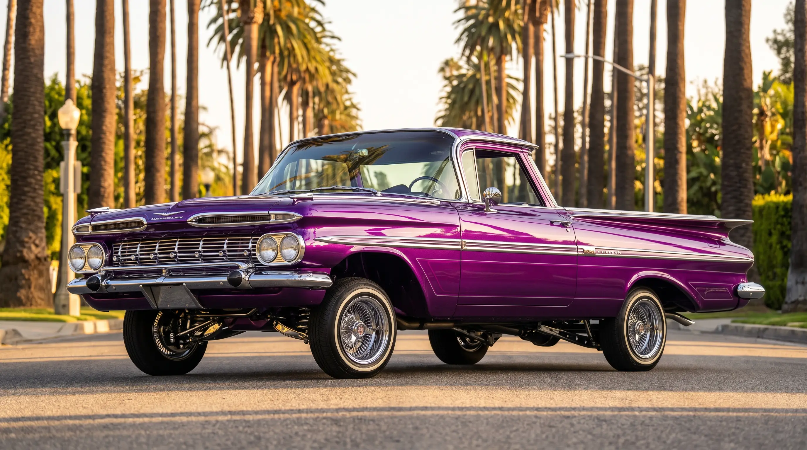 Candy flake purple lowrider style 1959 El Camino with chrome hydraulics on a sunlit boulevard