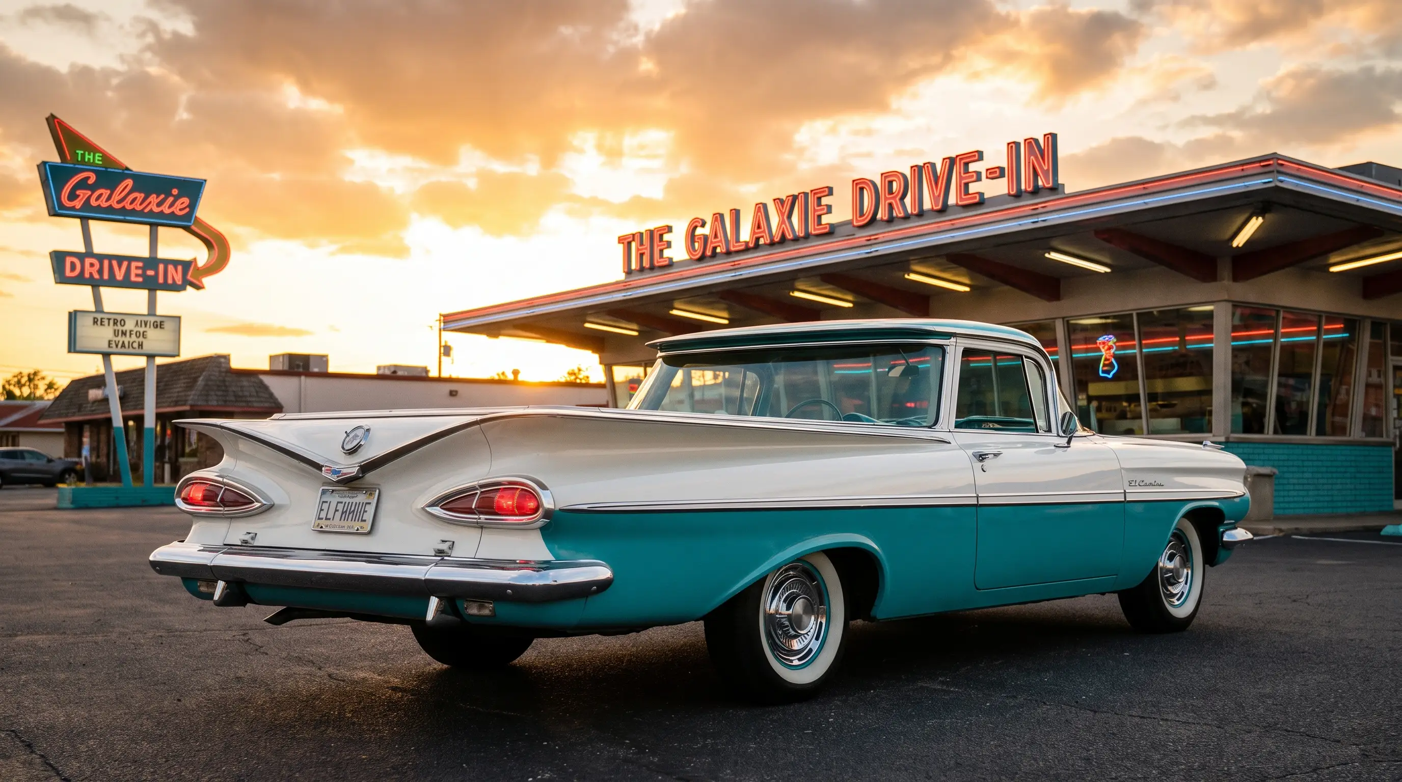 Two-tone white and turquoise 1959 Chevrolet El Camino with batwing fins at a drive-in diner