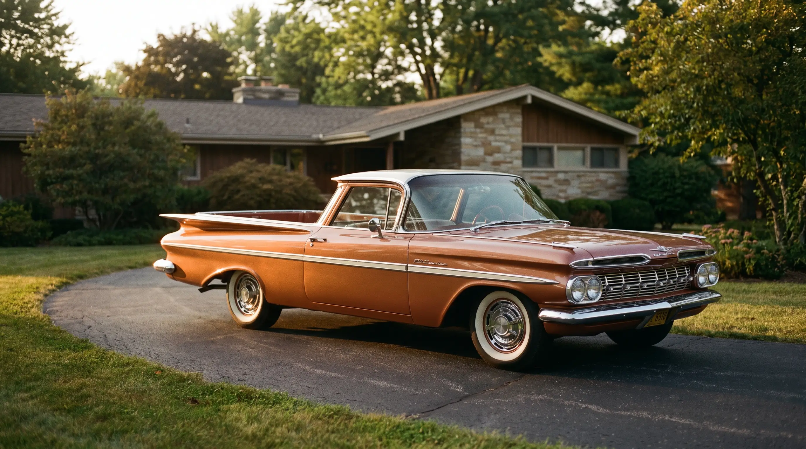 1959 Chevrolet El Camino with tall batwing fins parked on a suburban driveway at golden hour